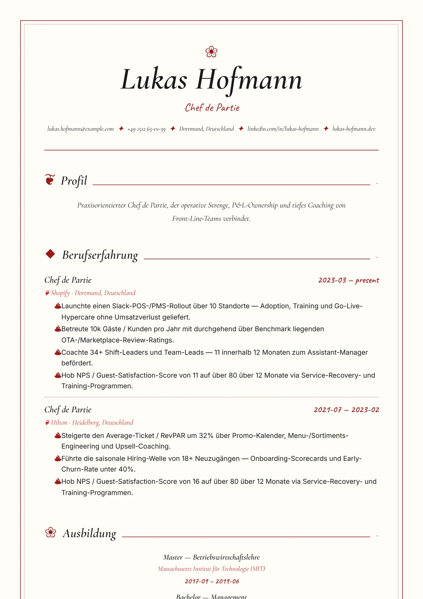 Branche — Küchenchef — Mittleres Level