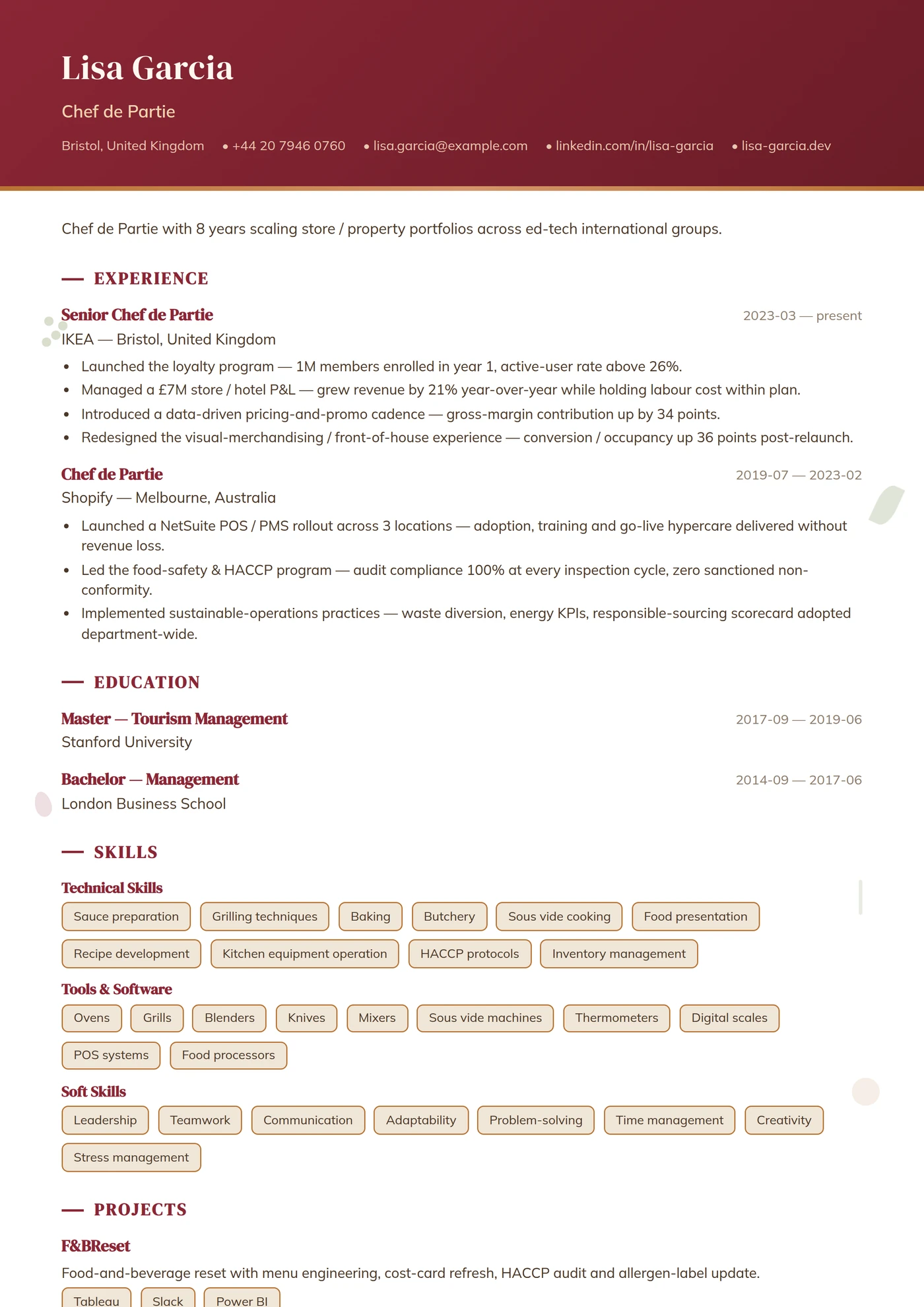 Profession — Restaurant Service — Mid-level