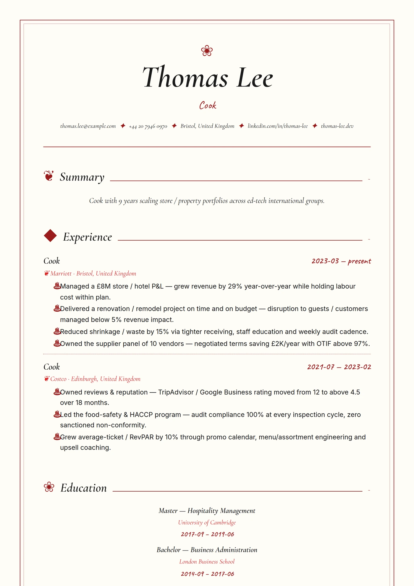 Industry — Culinary Chef — Mid-level