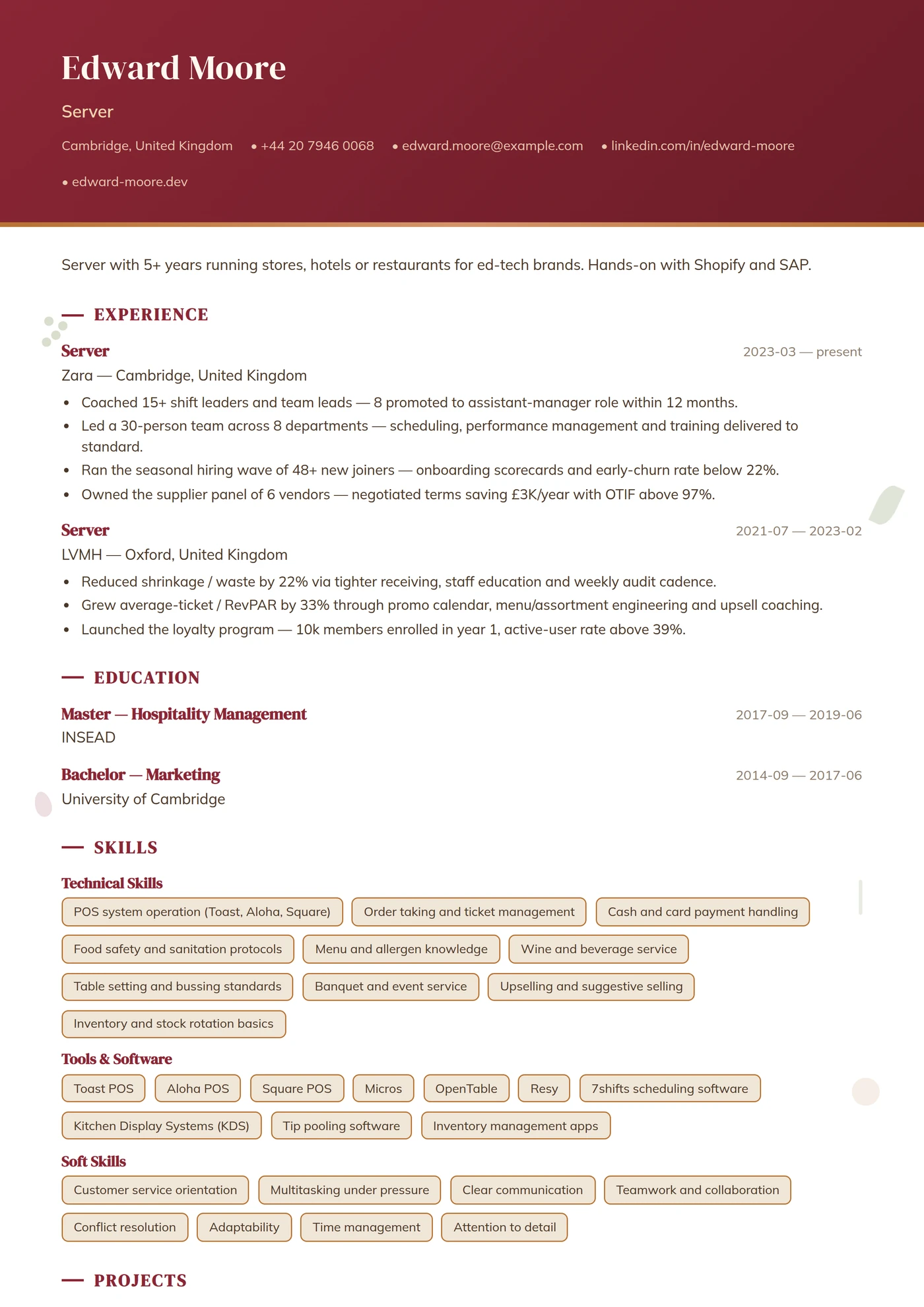 Profession — Restaurant Service — Mid-level