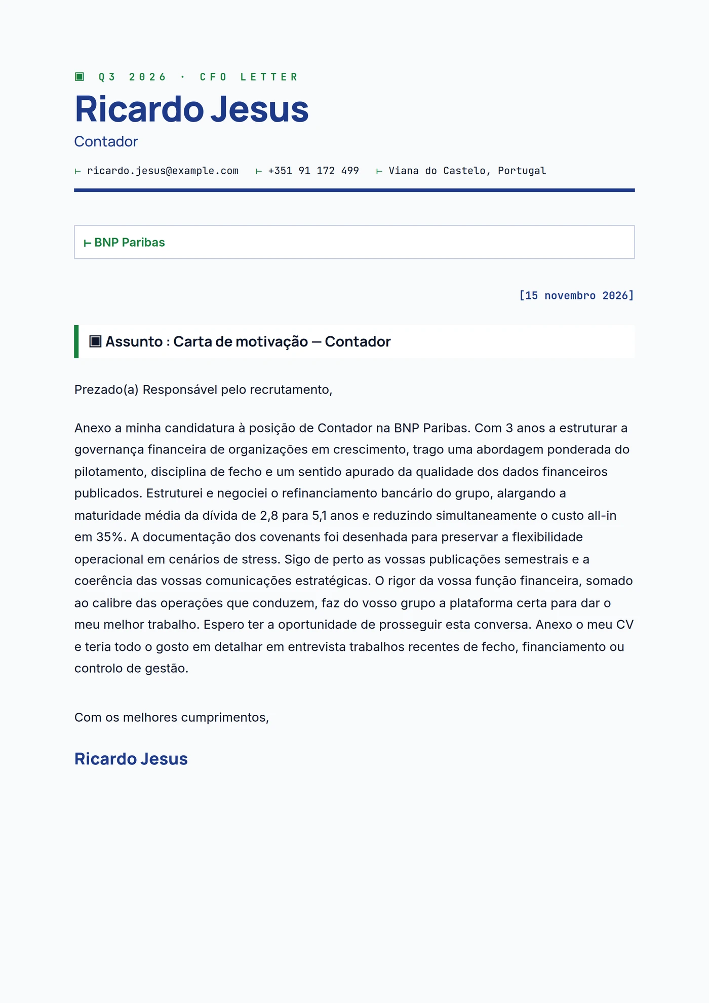 Carta CFO — Sénior