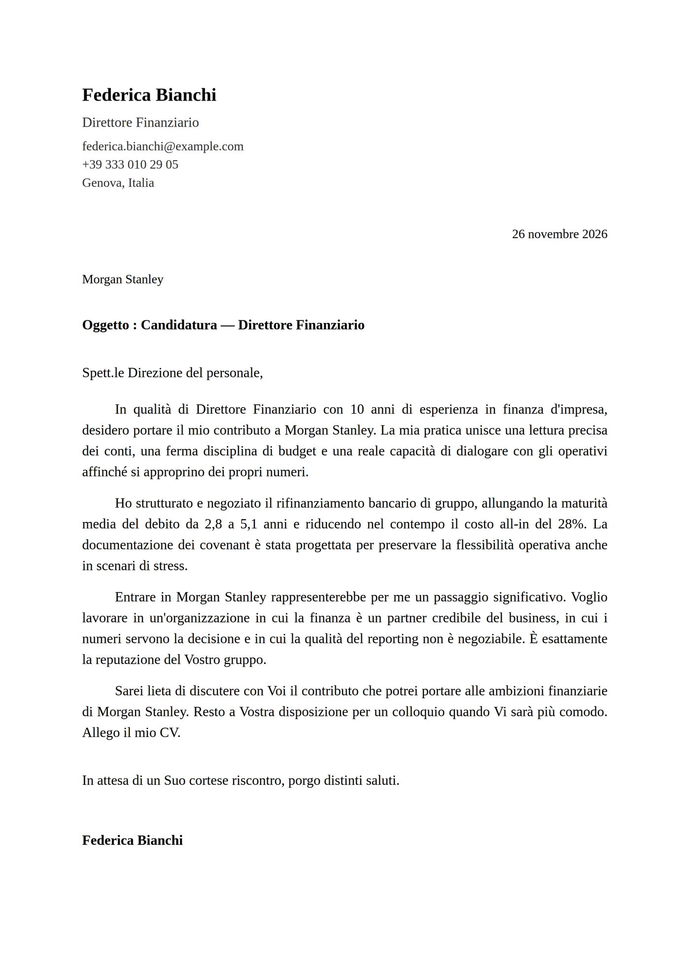 Classica Formale — Modelli di lettera di presentazione