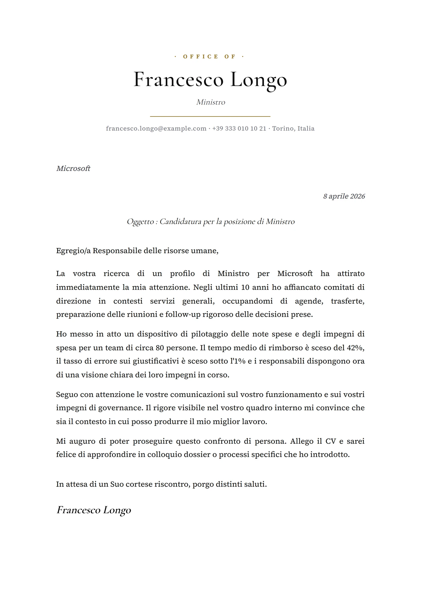 Presidenziale — Modelli di lettera di presentazione