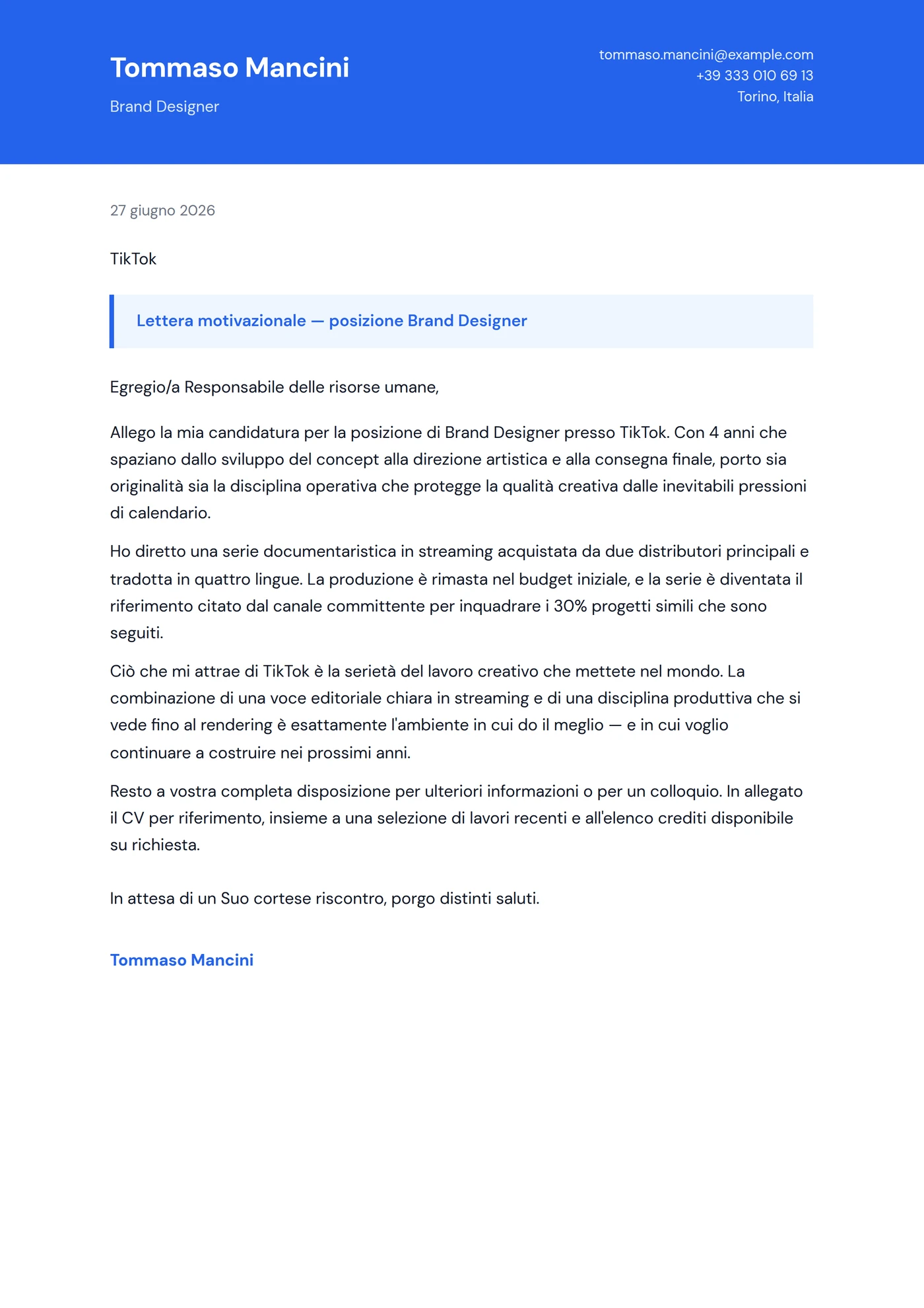 Vivido — Modelli di lettera di presentazione