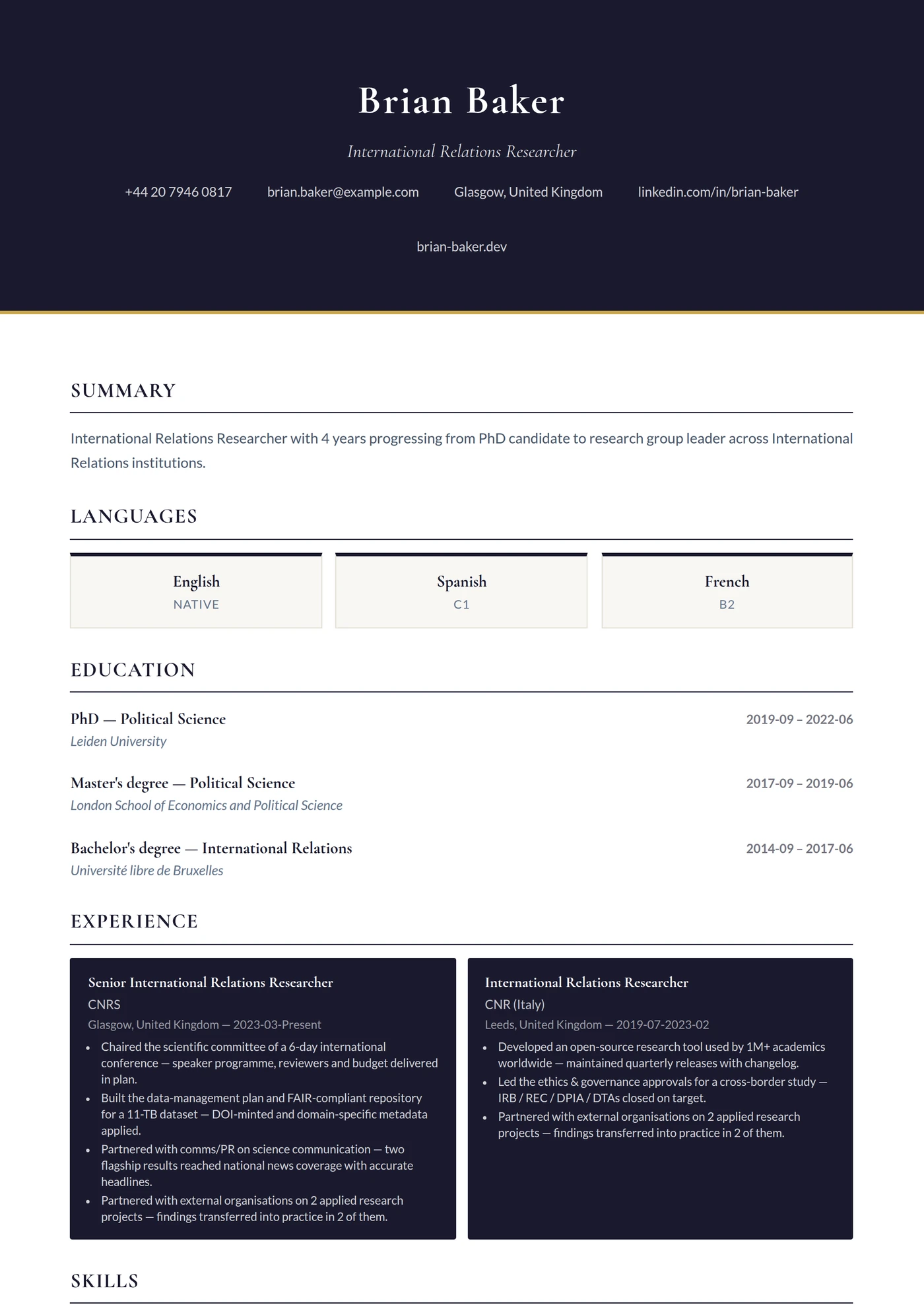 International Relations — CV templates
