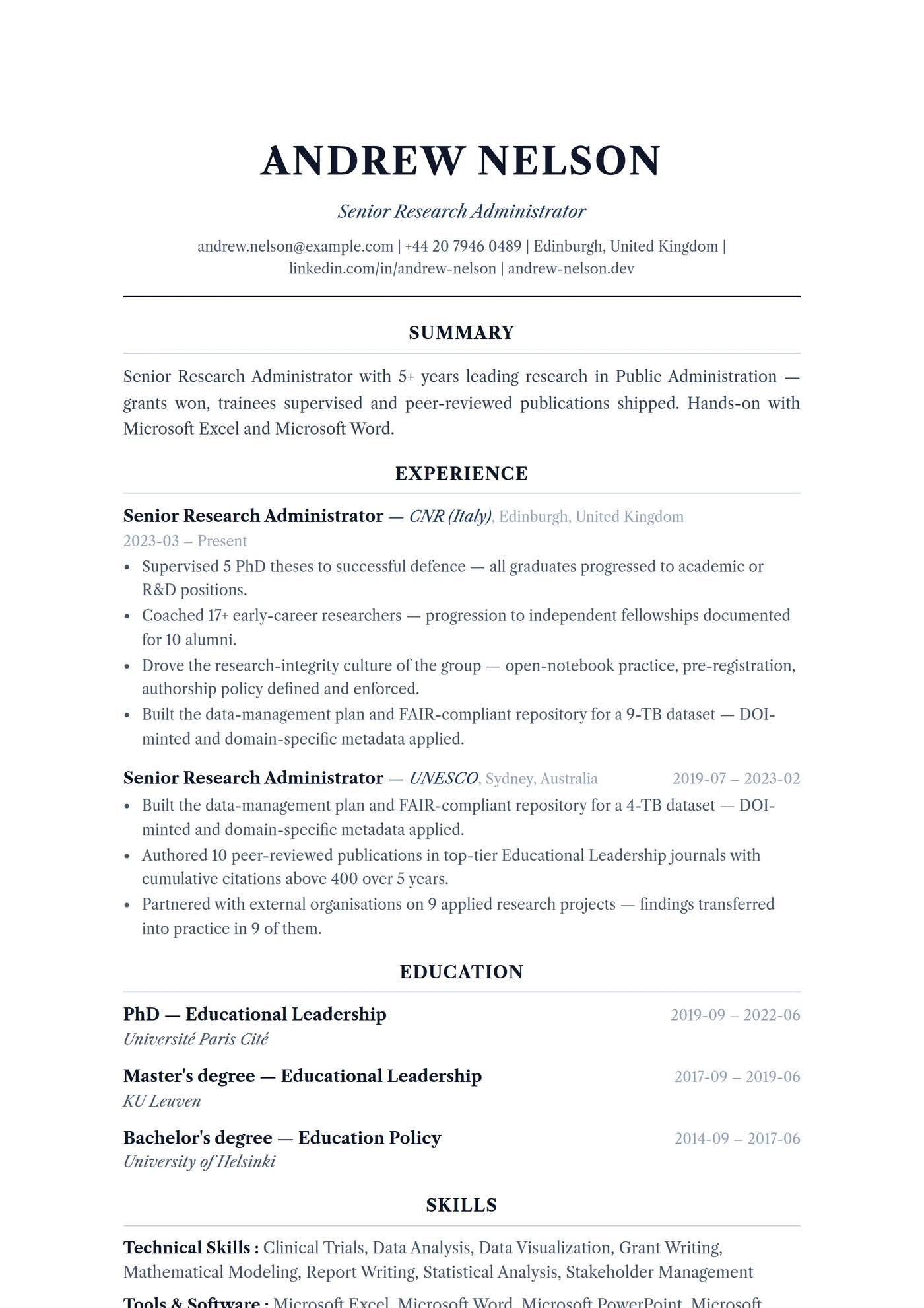 ATS Academic Formal — CV templates