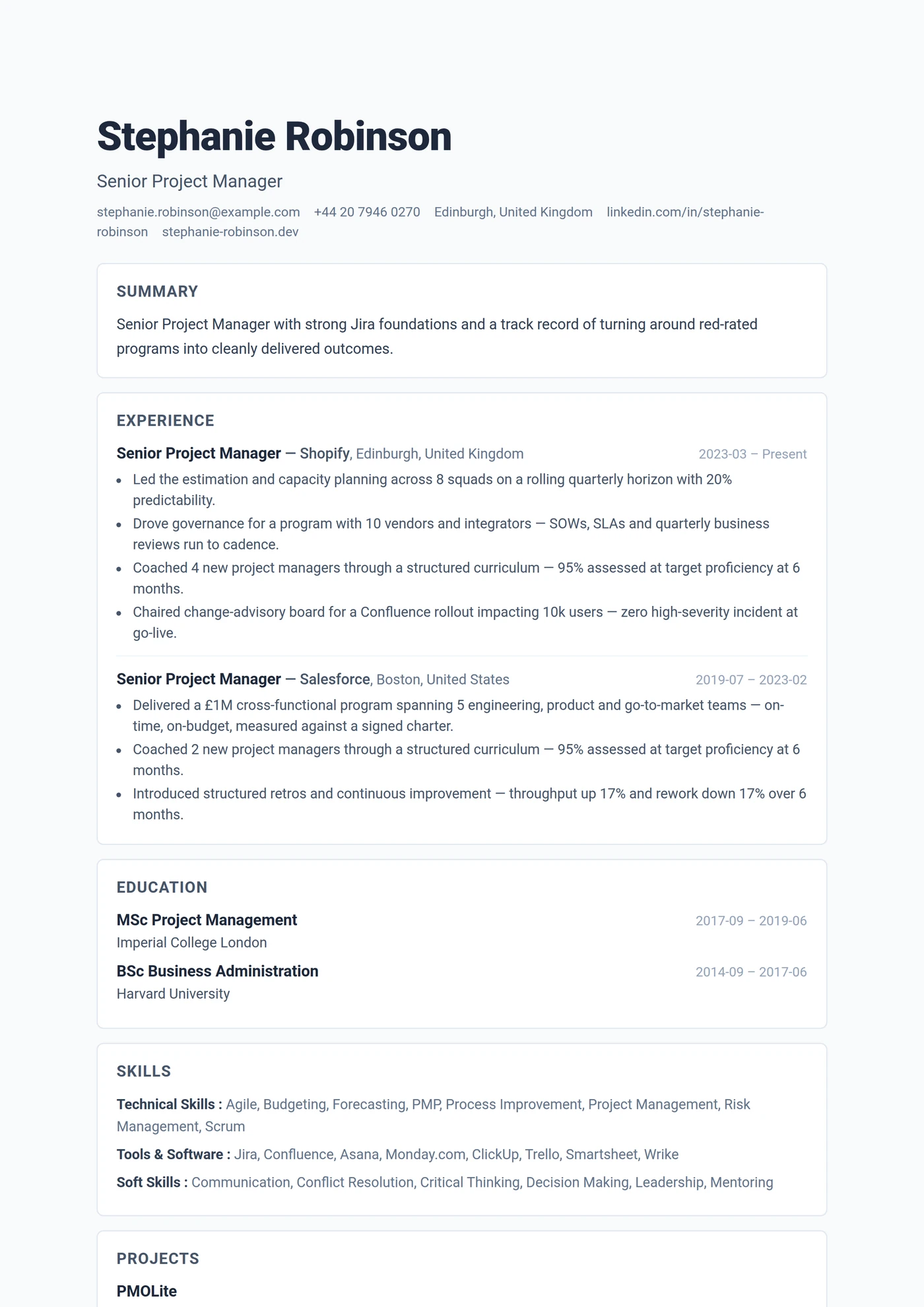 ATS Card Sections — CV templates