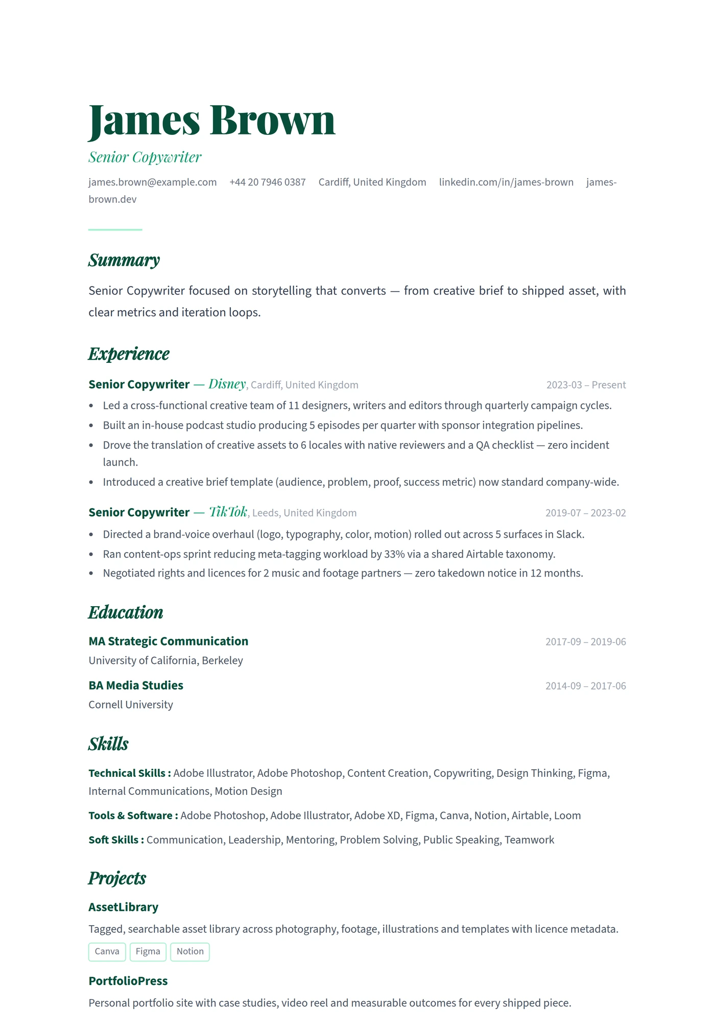 ATS Creative Writer — CV templates