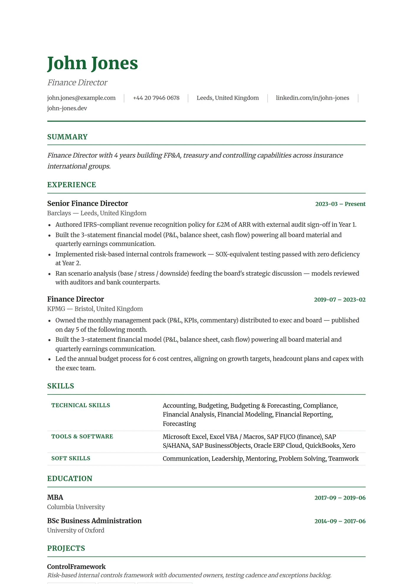 ATS Finance Pro — CV templates