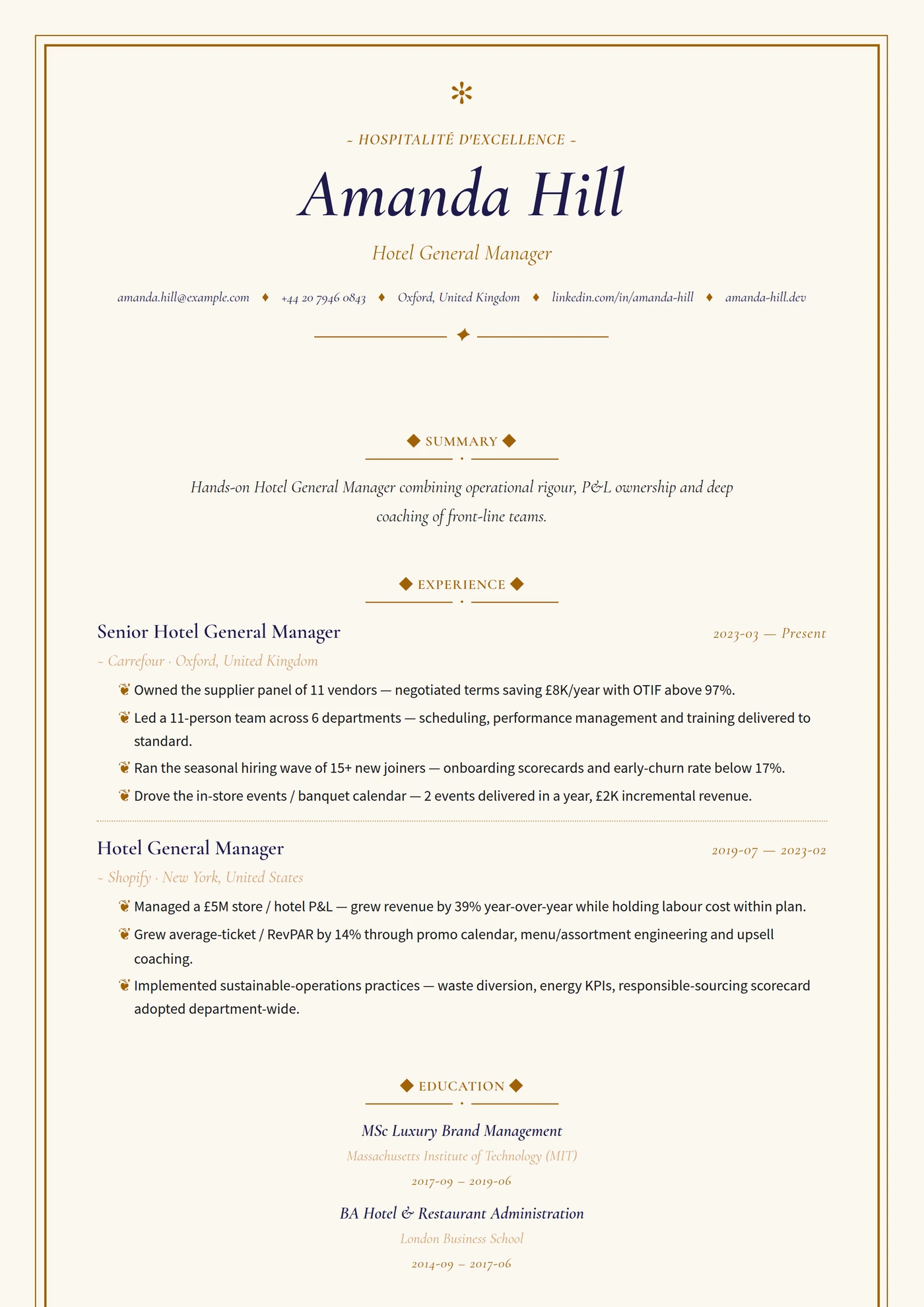 Industry — Hospitality — CV templates