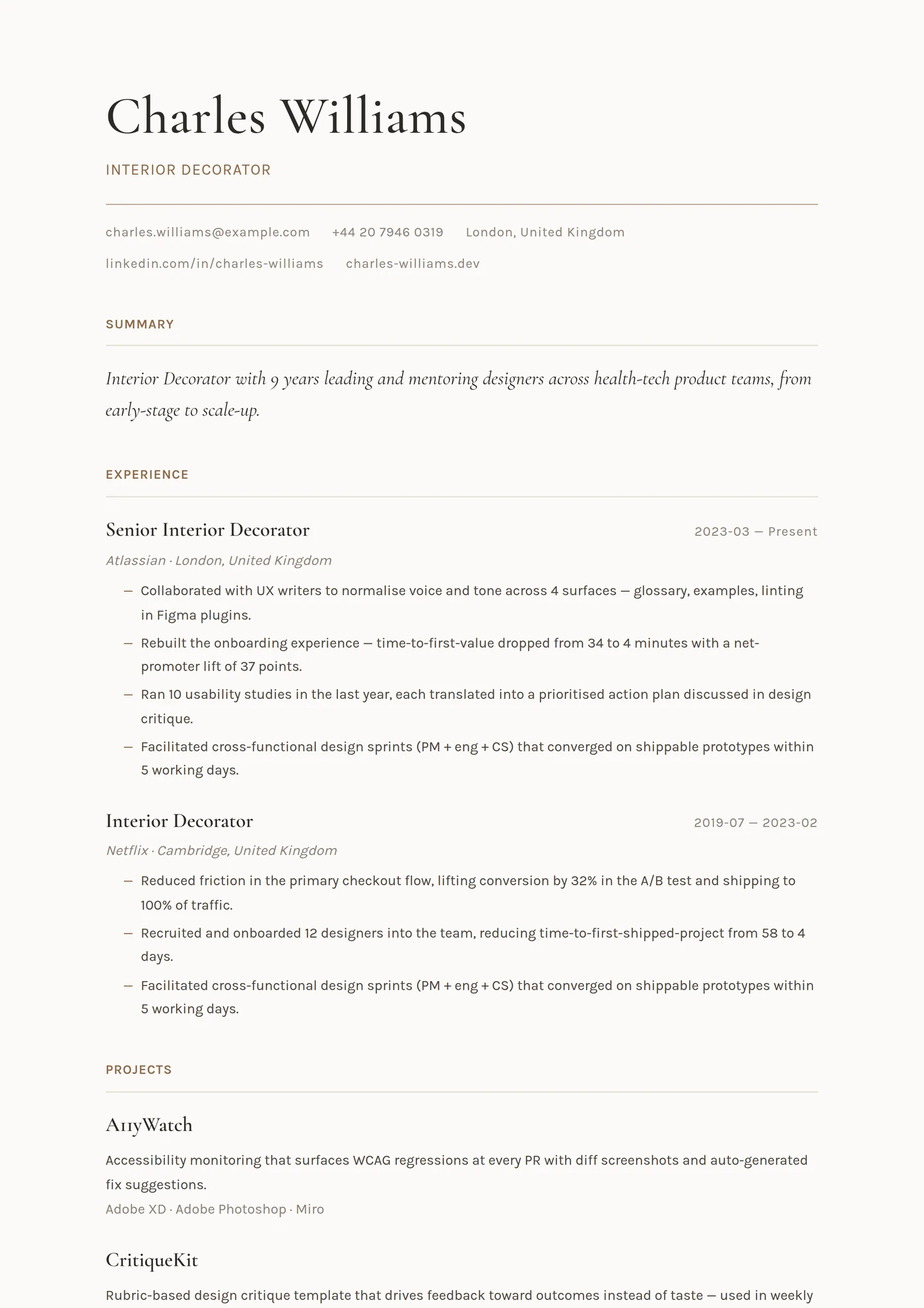 Profession — Interior Decorator — CV templates