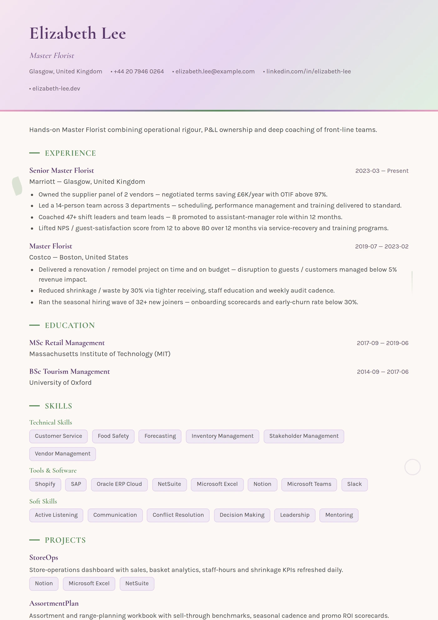 Profession — Florist — CV templates