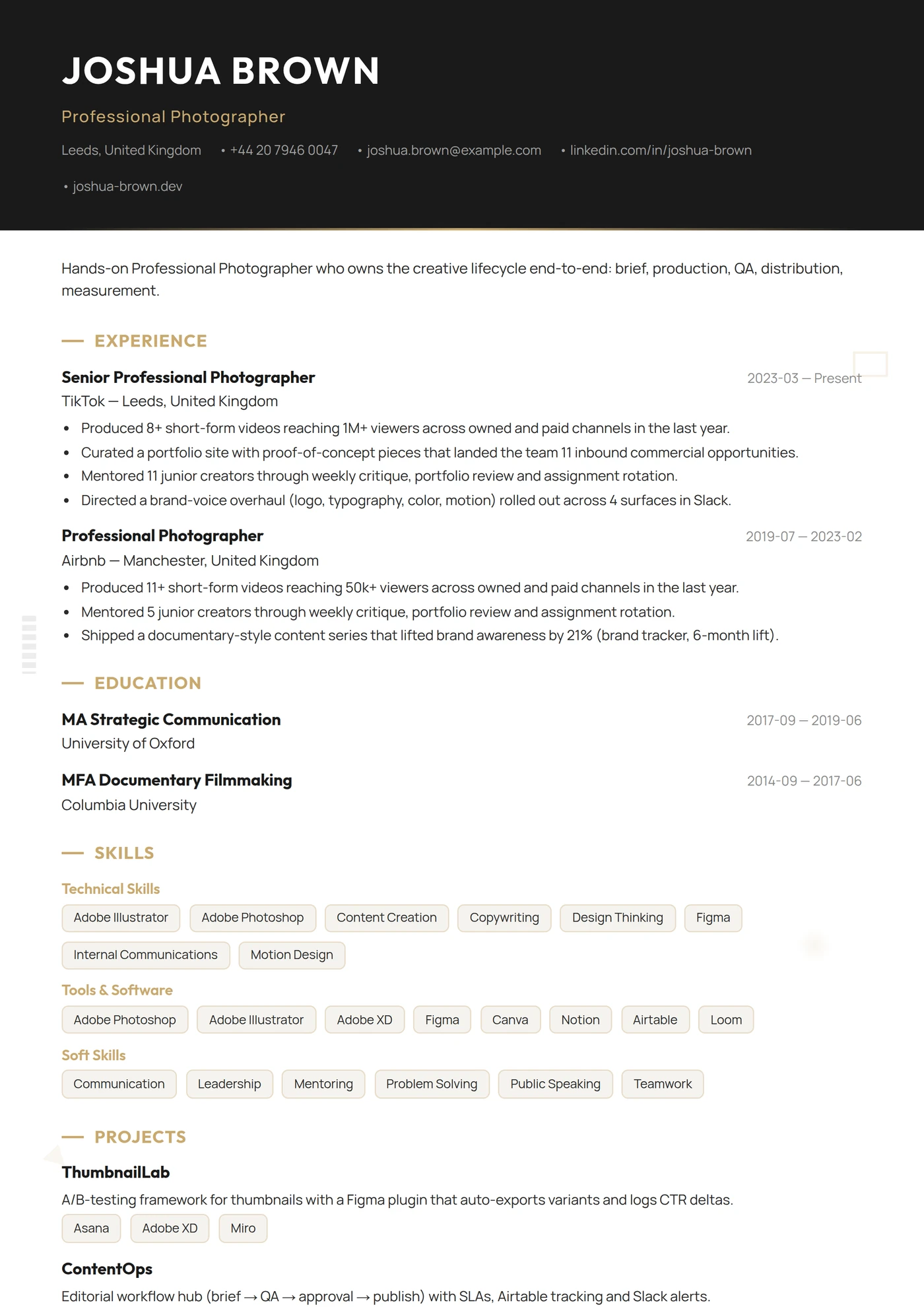 Profession — Photographer — CV templates