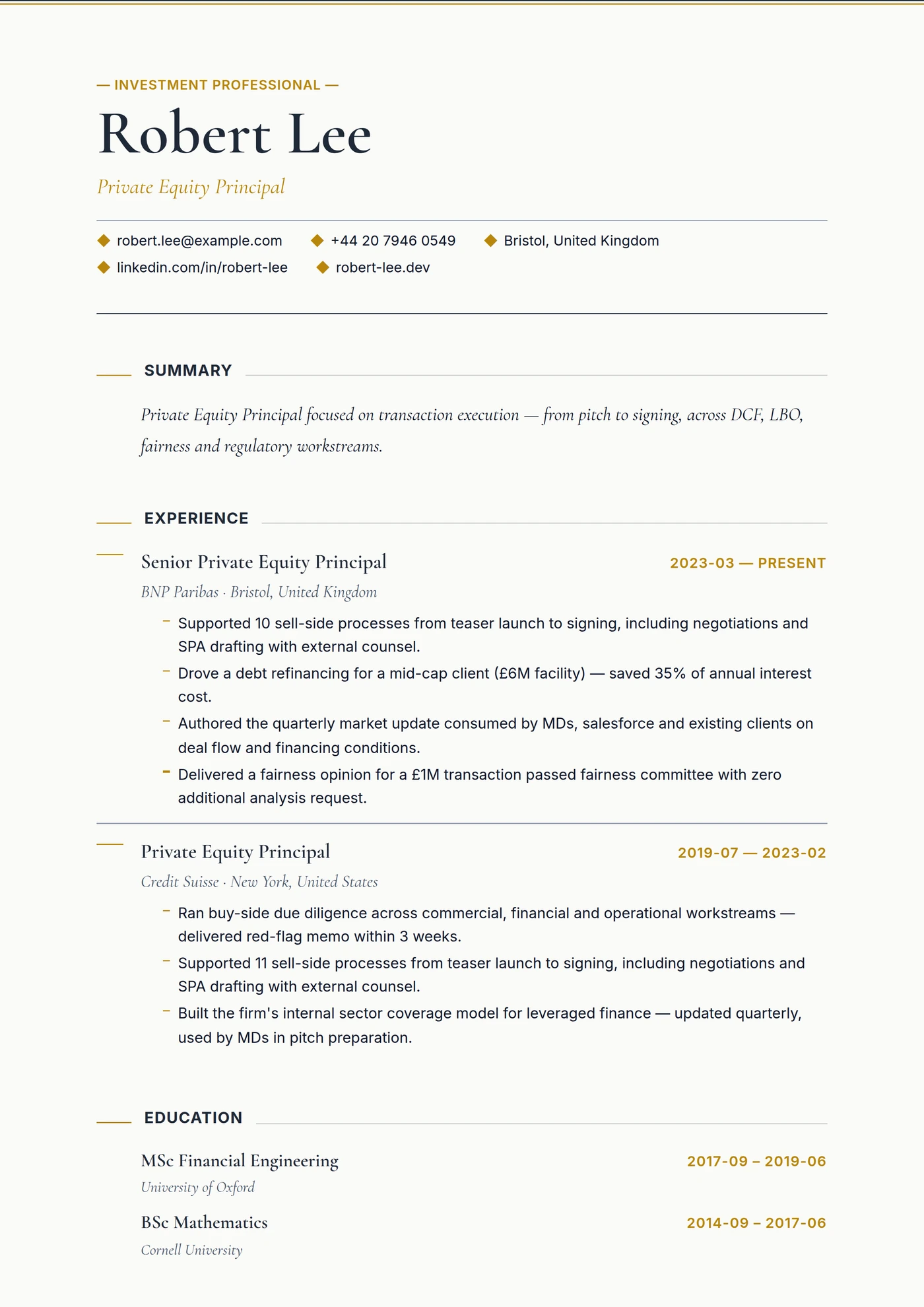 Private Equity — CV templates