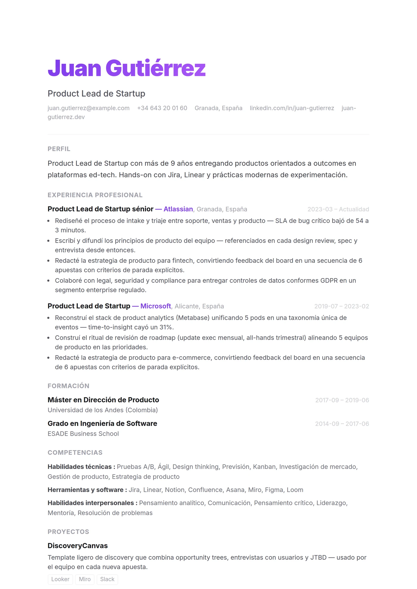 ATS Startup Limpio — Plantillas de CV