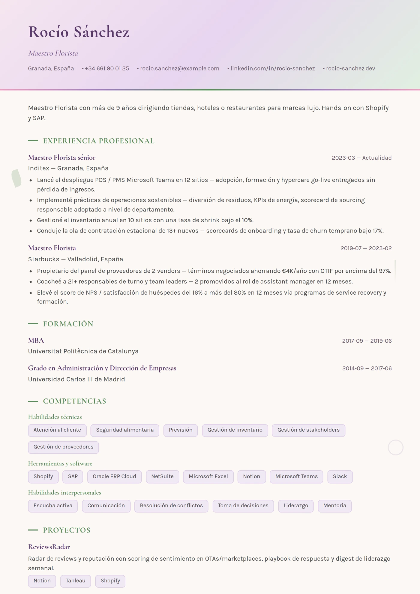 Oficio — Florista — Plantillas de CV