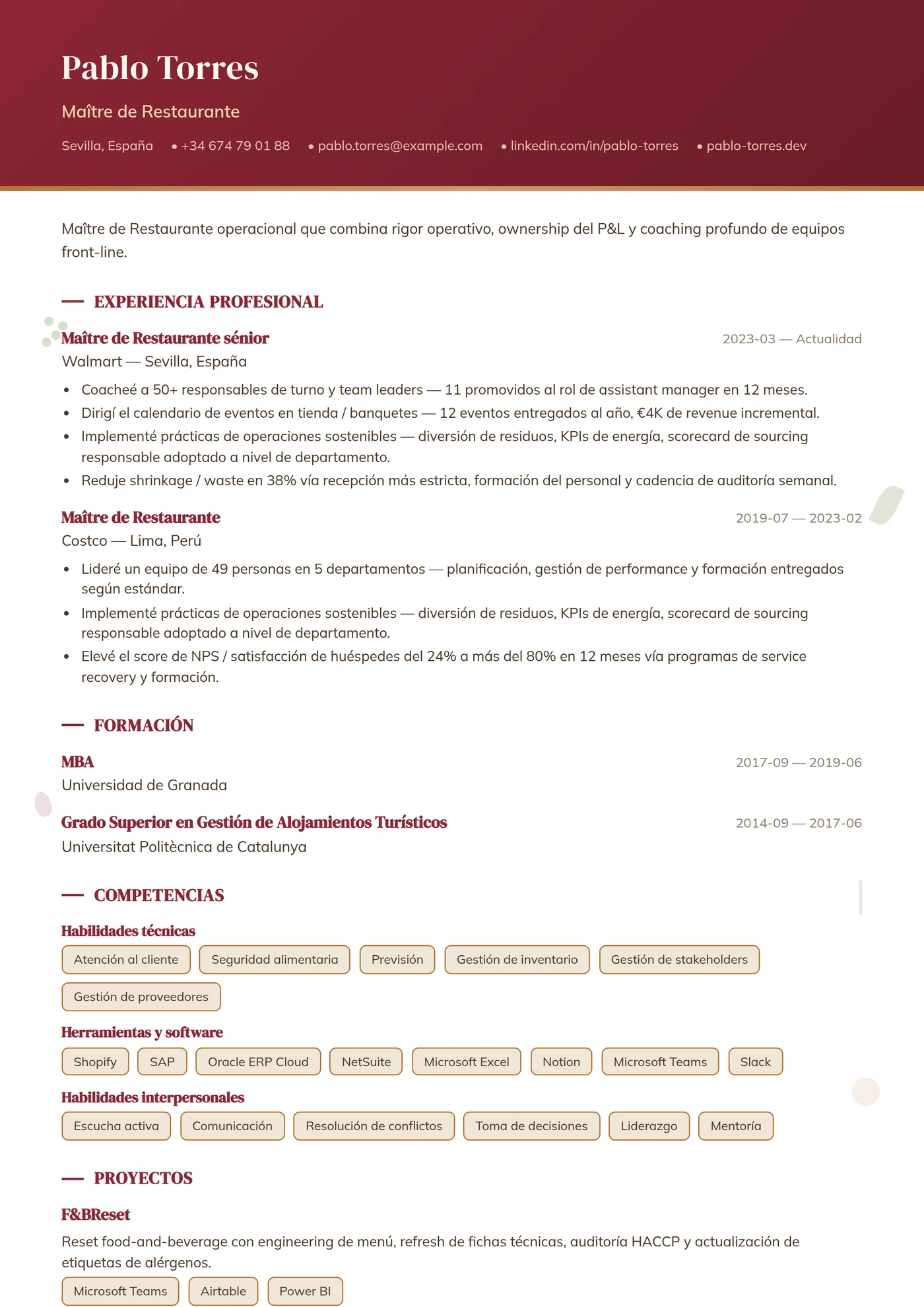 Oficio — Restauración — Plantillas de CV