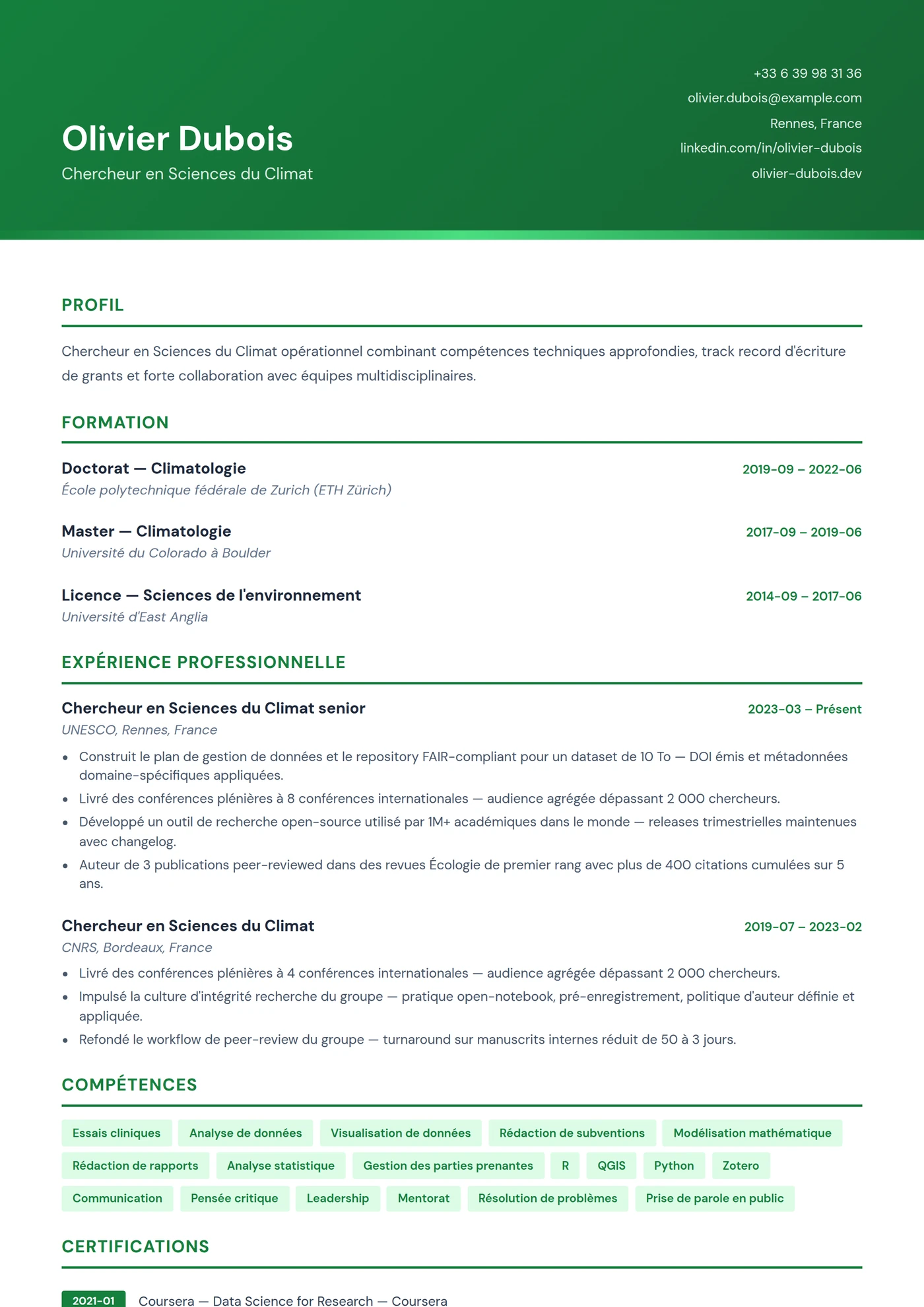 Sciences Environnementales — Modèles de CV