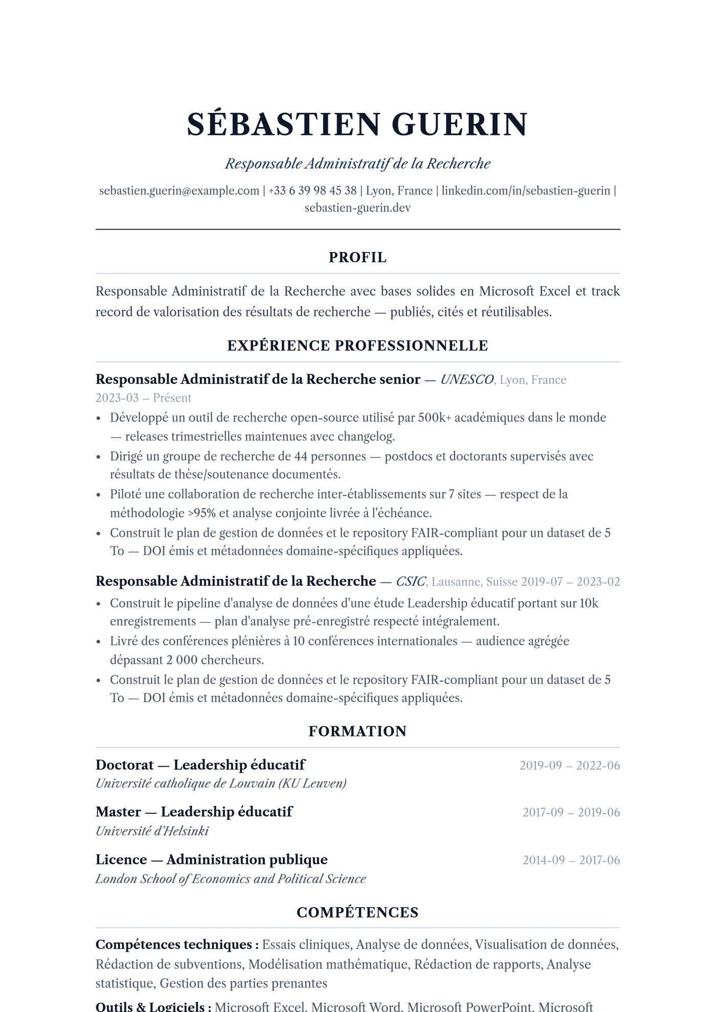 ATS Académique Formel — Modèles de CV