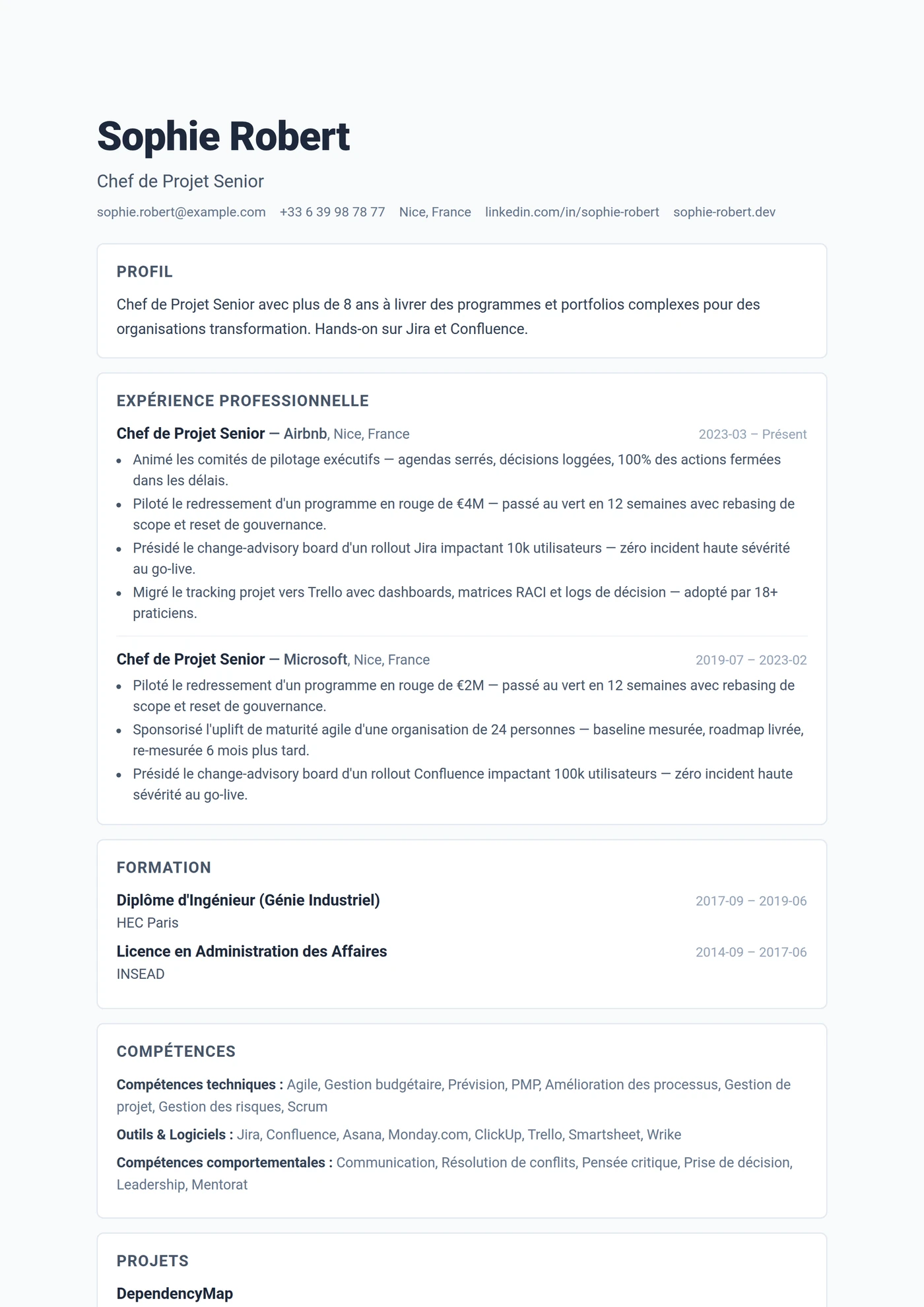 ATS Sections Cartes — Modèles de CV