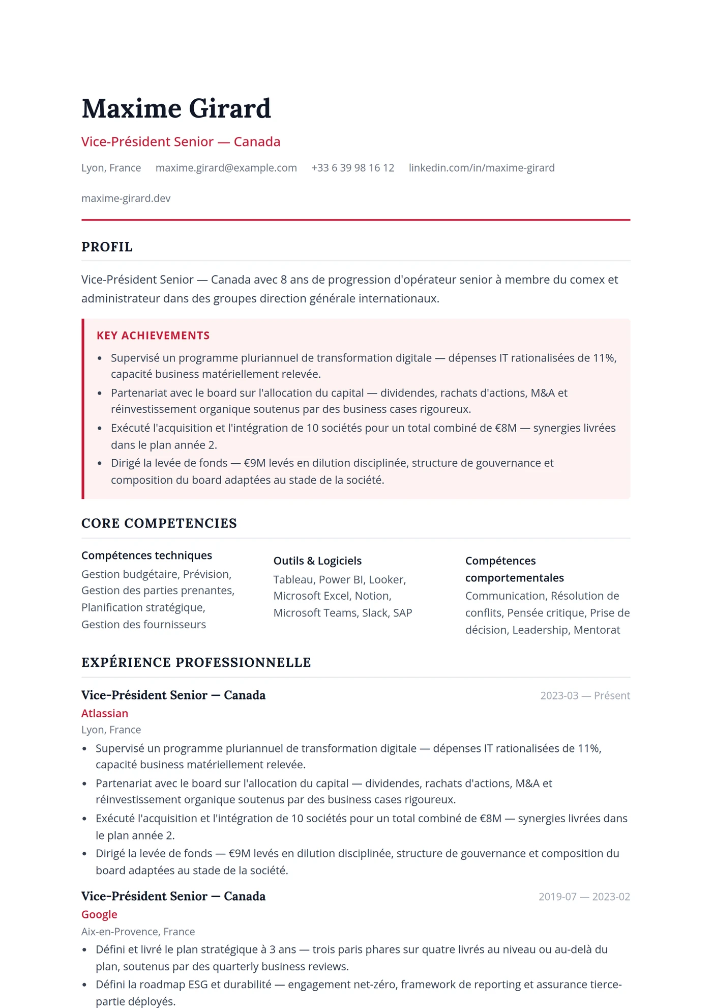 Canada Anglais Direction — Modèles de CV