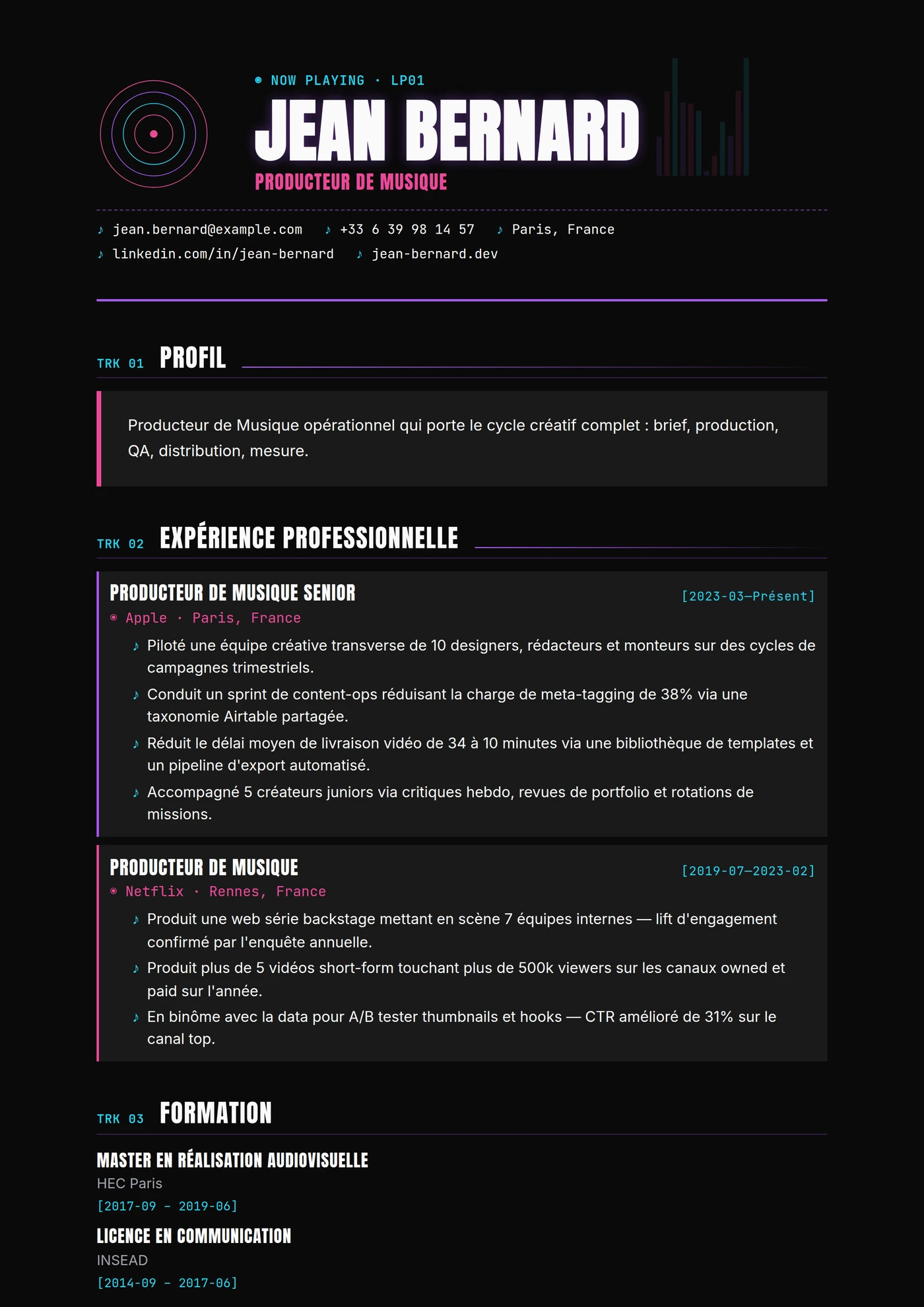 Industrie — Producteur musical — Modèles de CV