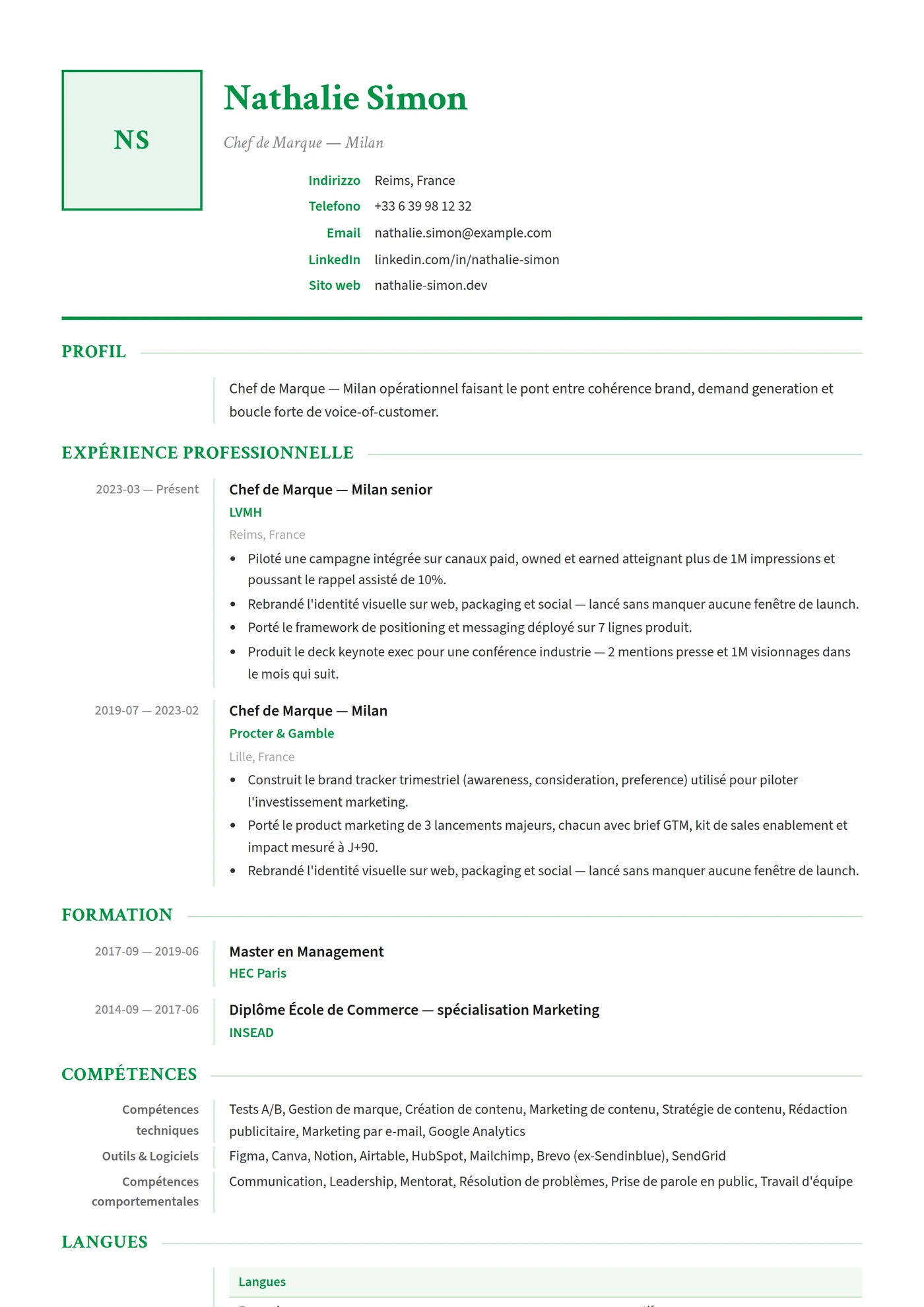 Italie — Modèles de CV