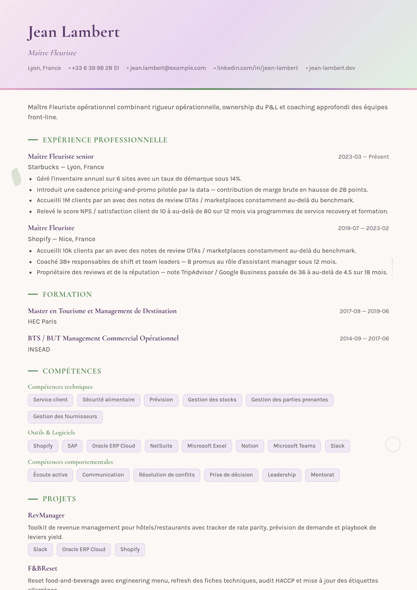 Métier — Fleuriste — Modèles de CV