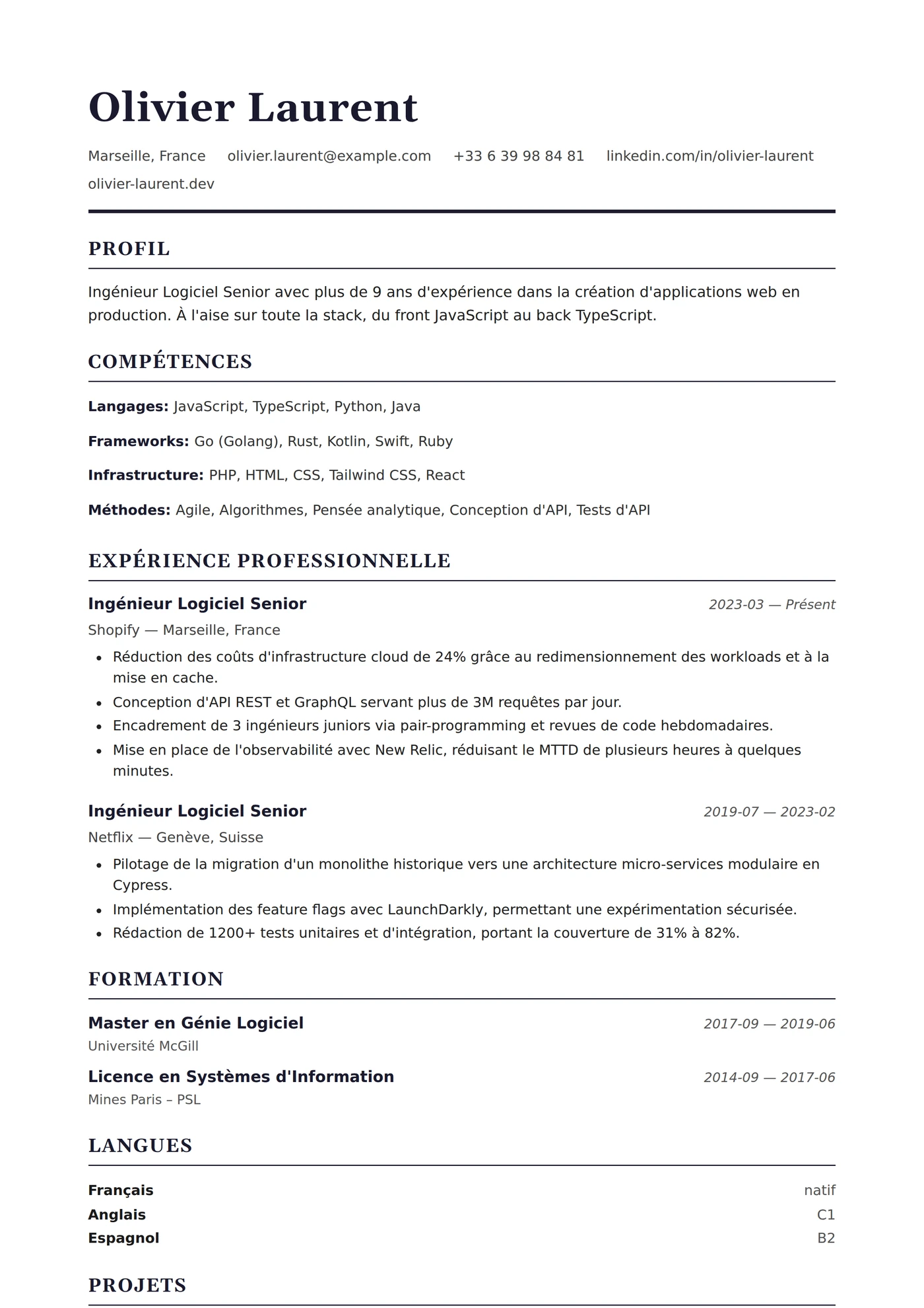 USA Standard — Modèles de CV
