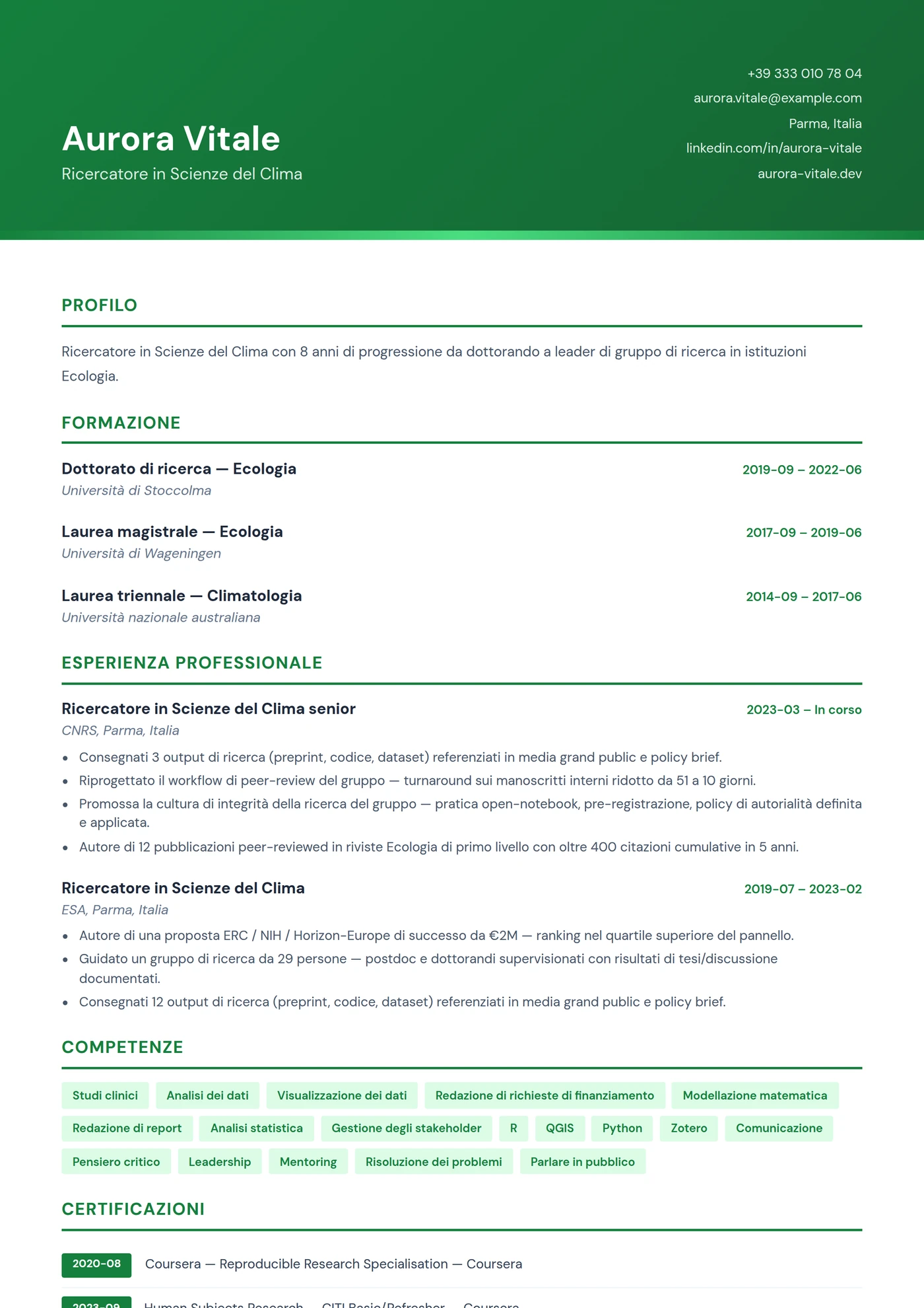 Scienze Ambientali — Modelli di CV