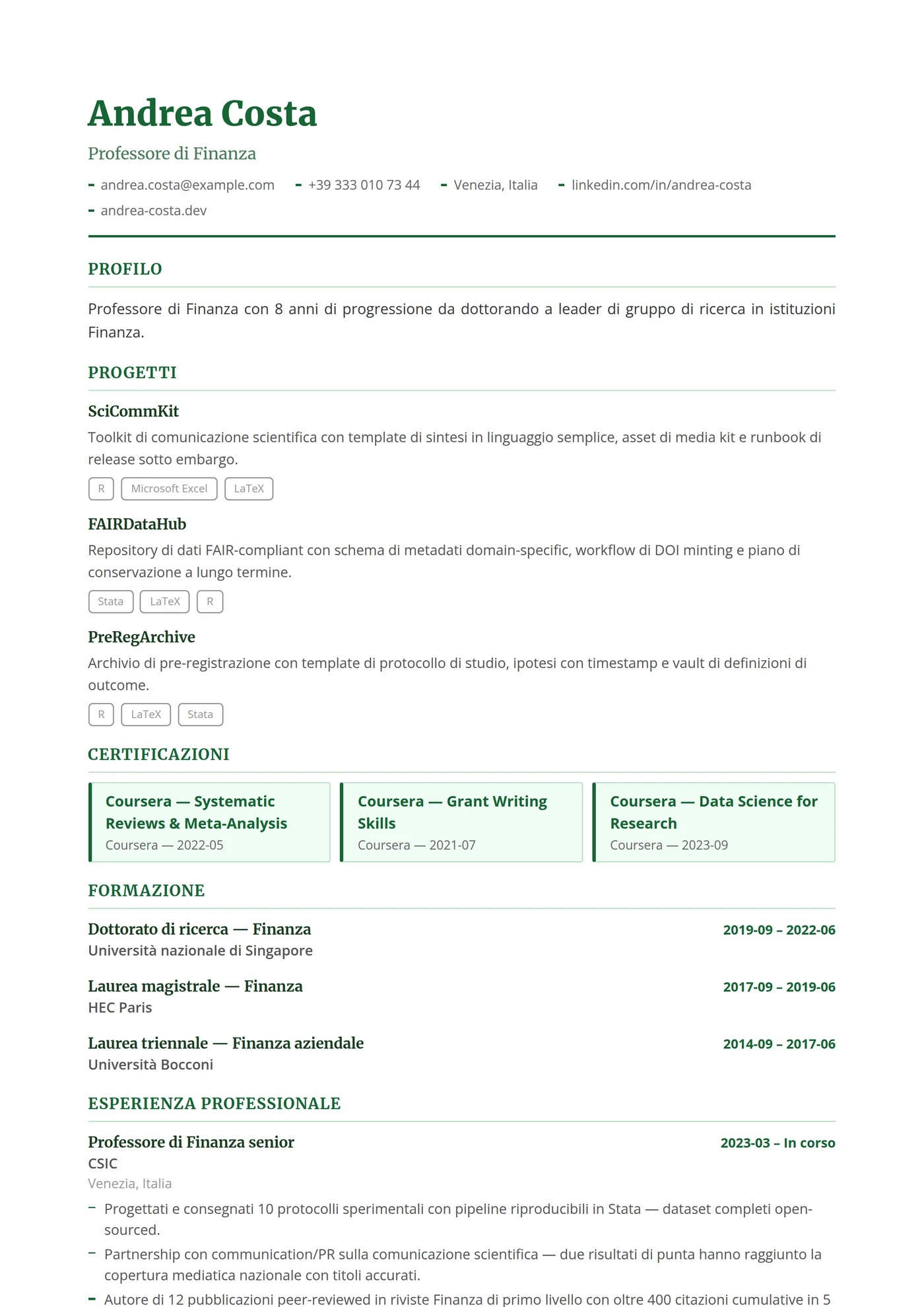 Finanza ed Economia — Modelli di CV