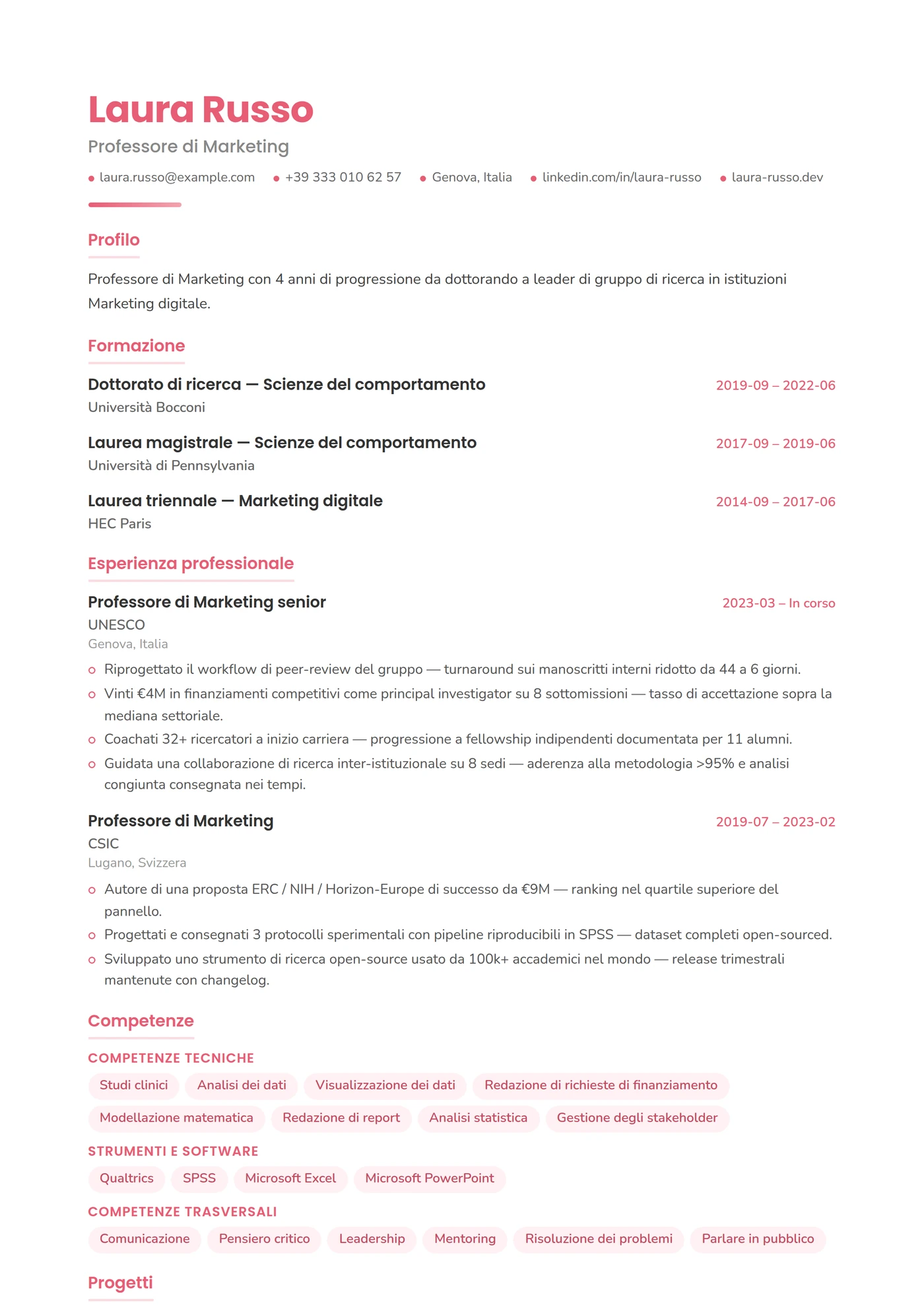 Marketing e Comunicazione — Modelli di CV