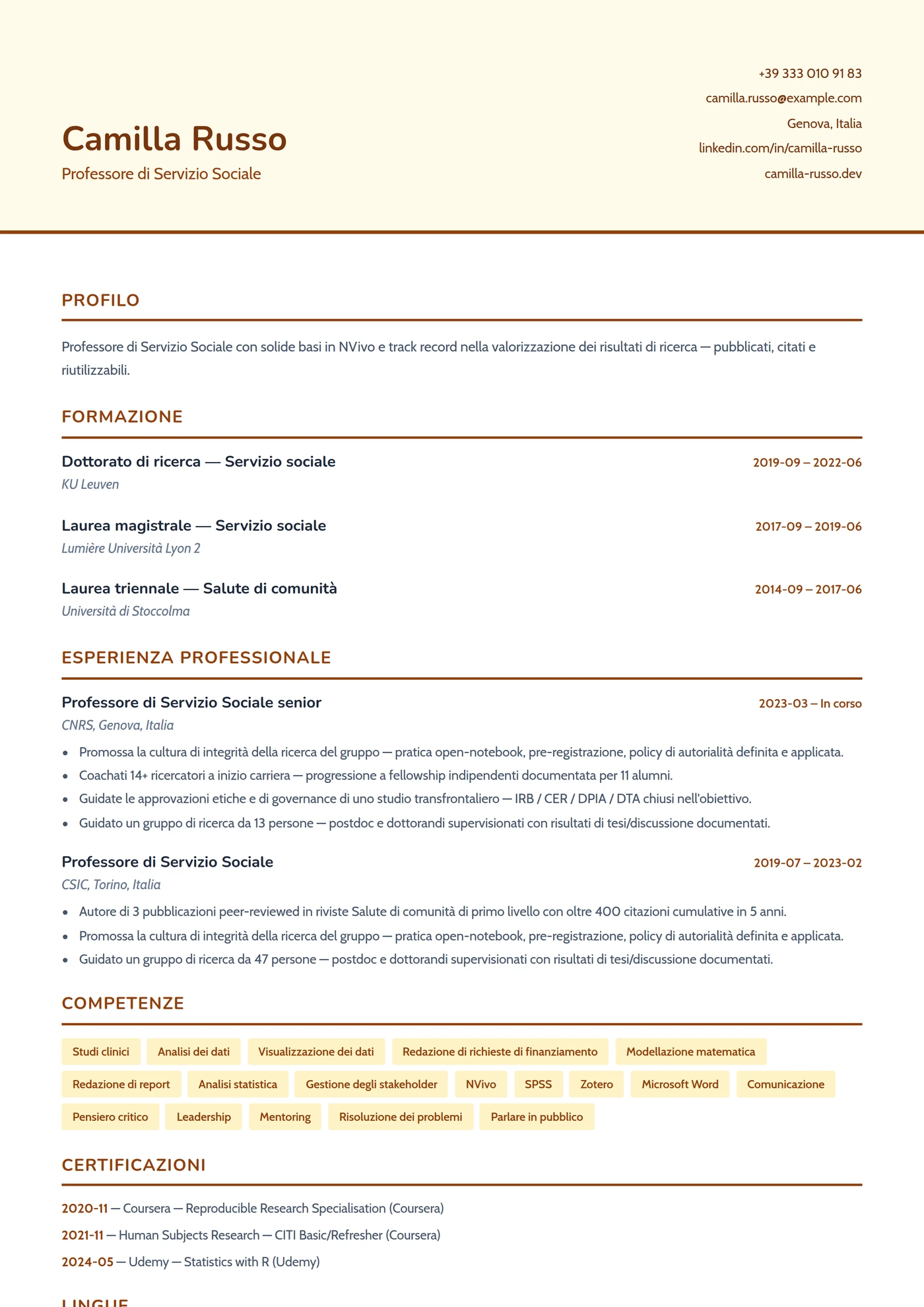 Servizio Sociale — Modelli di CV