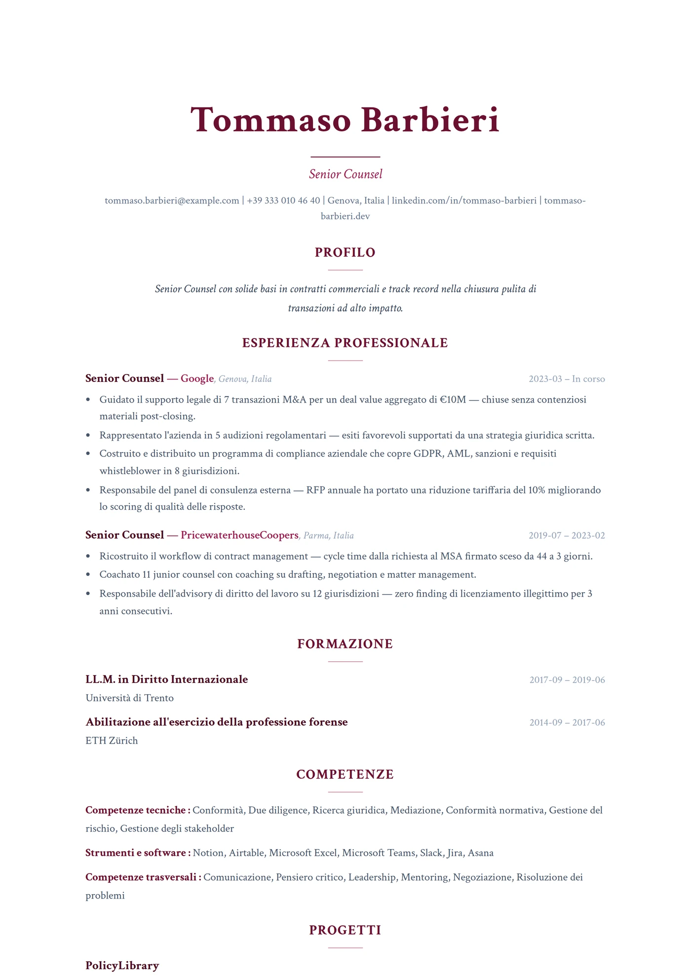 ATS Nome Centrato — Modelli di CV