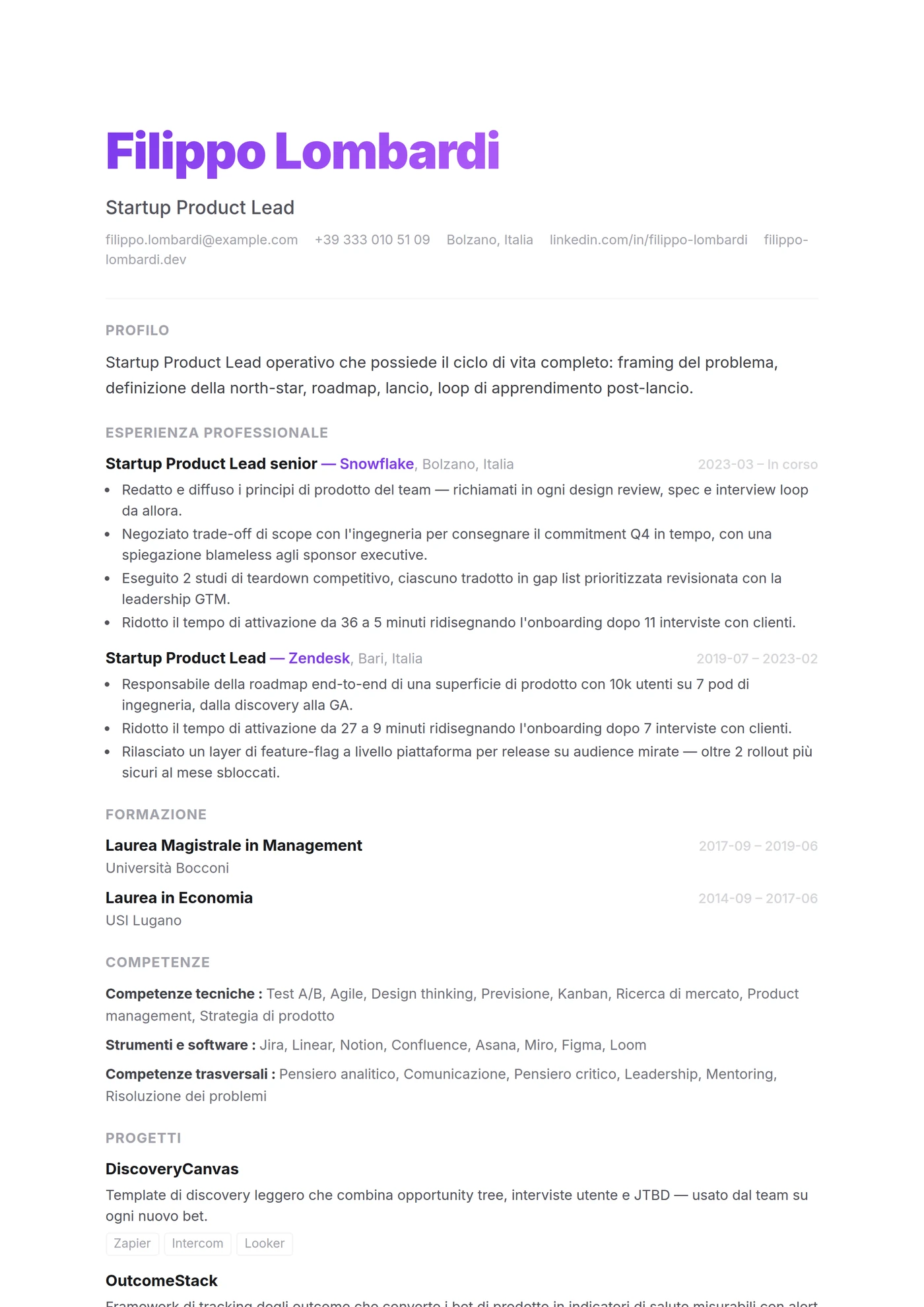 ATS Startup Clean — Modelli di CV