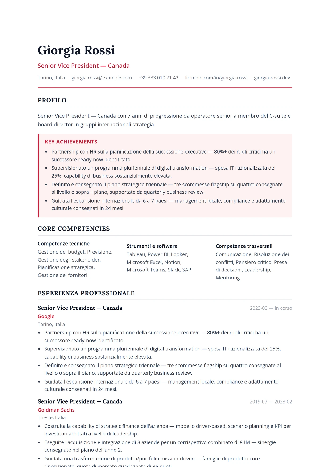 Canada Inglese Executive — Modelli di CV