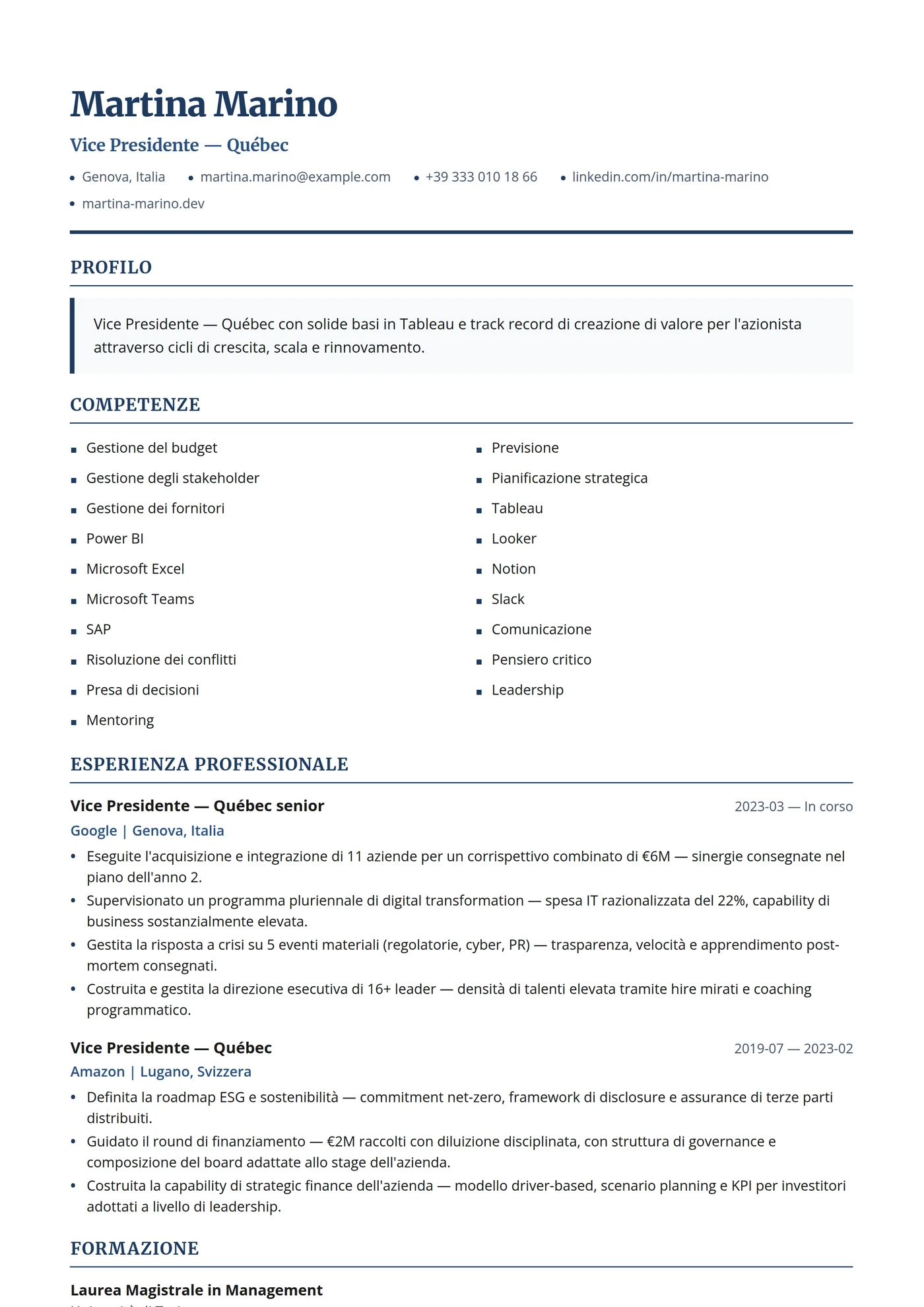 Canada Francese Executive — Modelli di CV