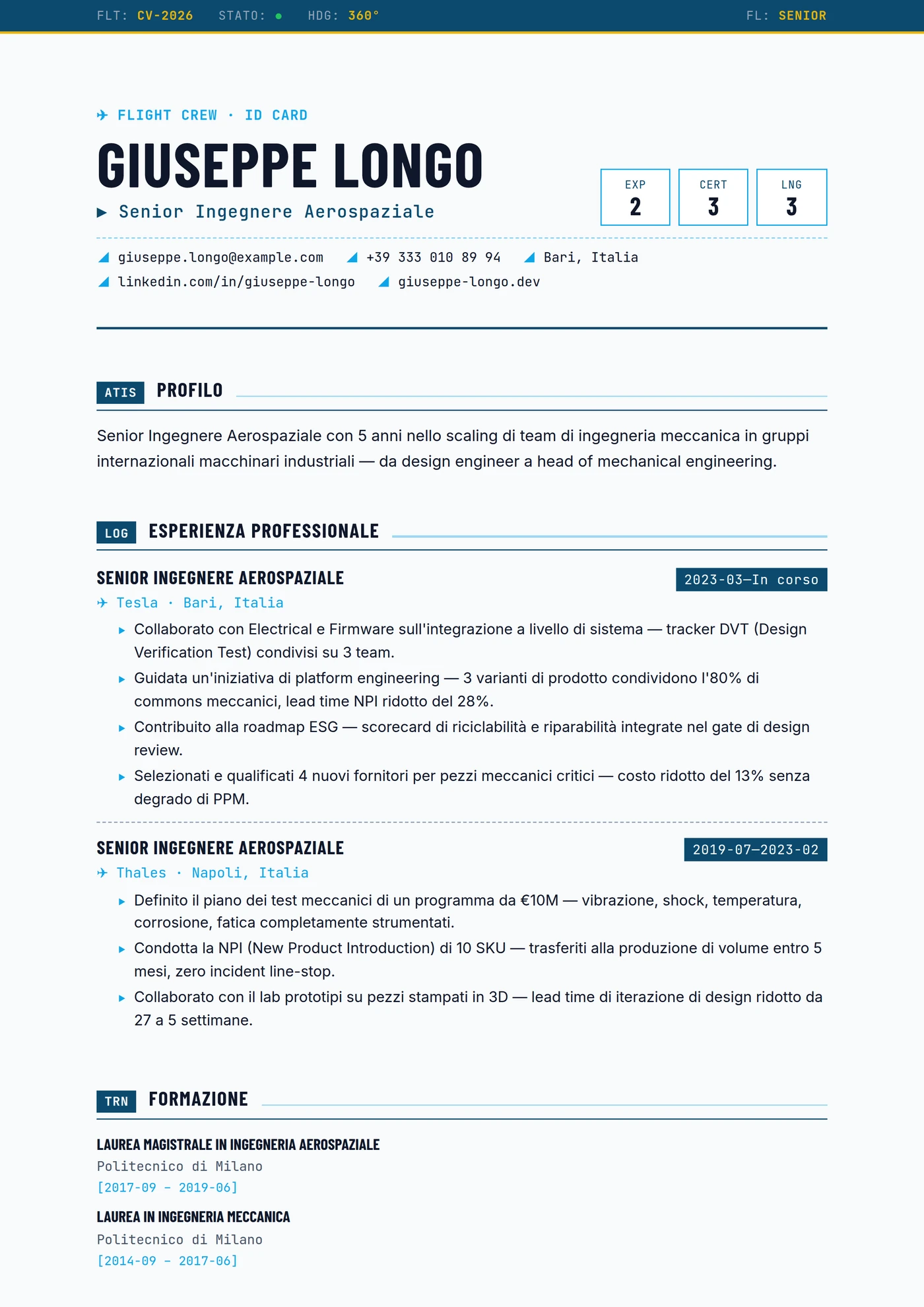 Industria — Aviazione — Modelli di CV