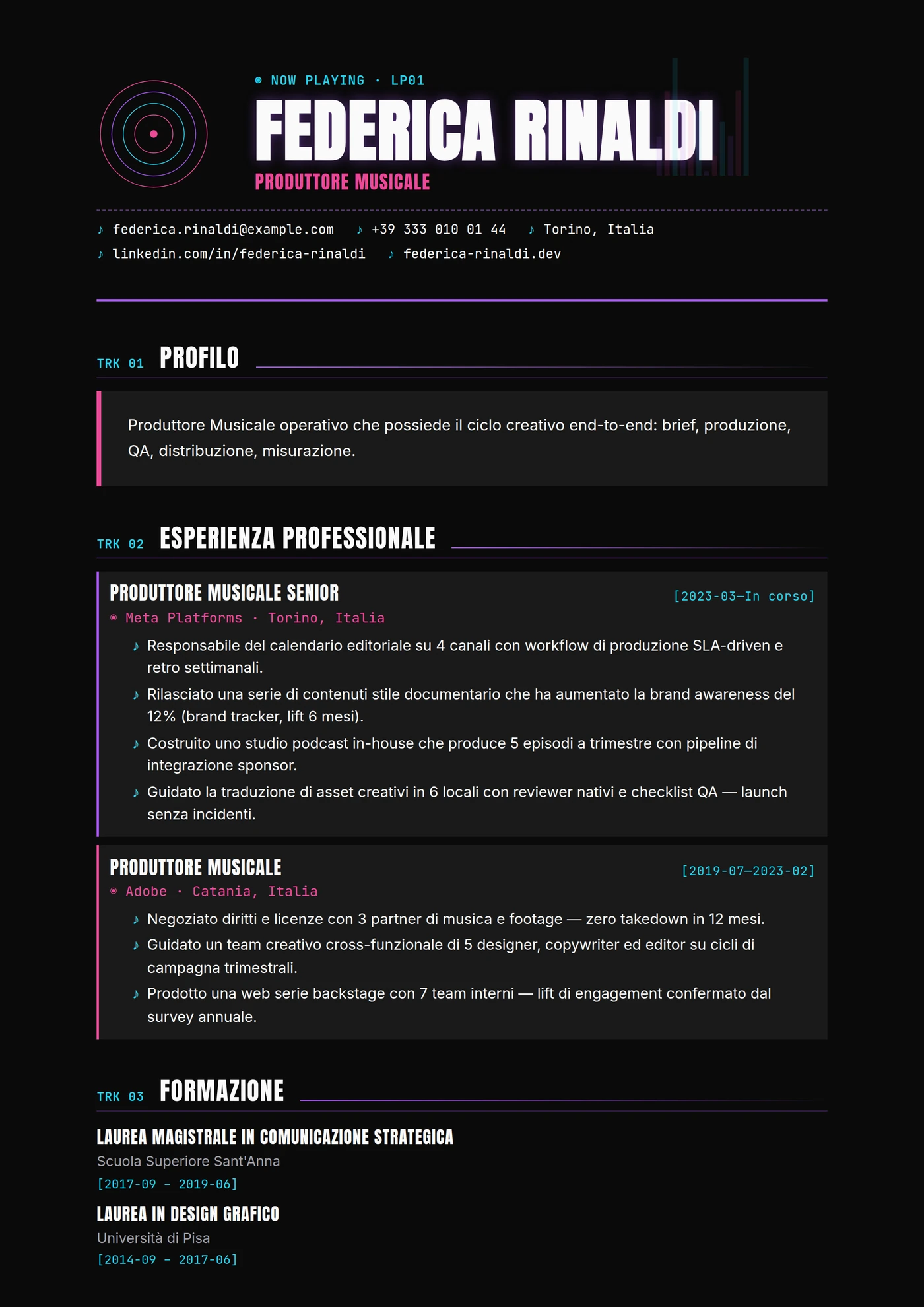 Industria — Produttore musicale — Modelli di CV