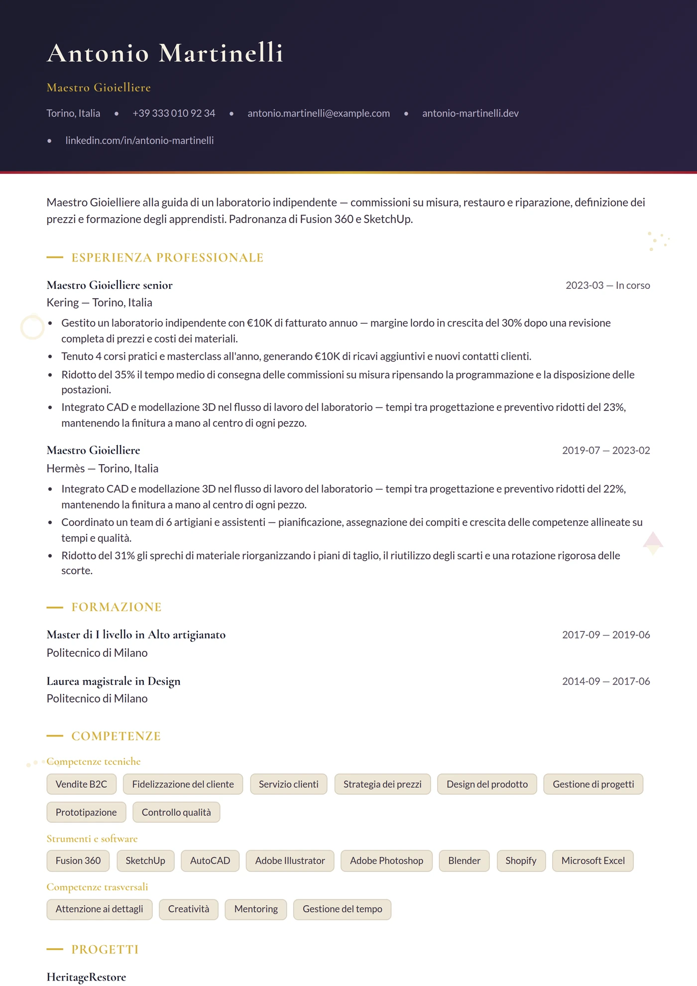 Mestiere — Gioielliere — Modelli di CV