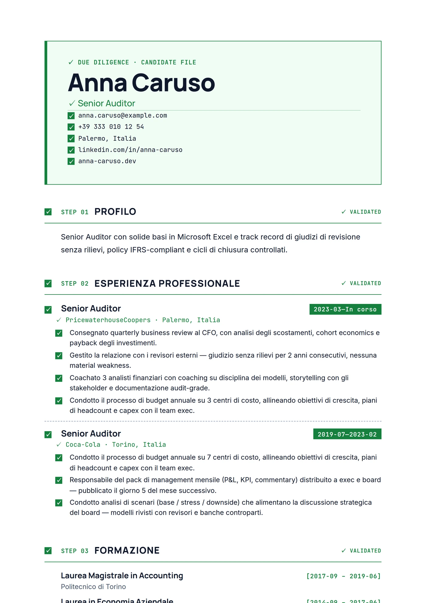 Due Diligence — Modelli di CV