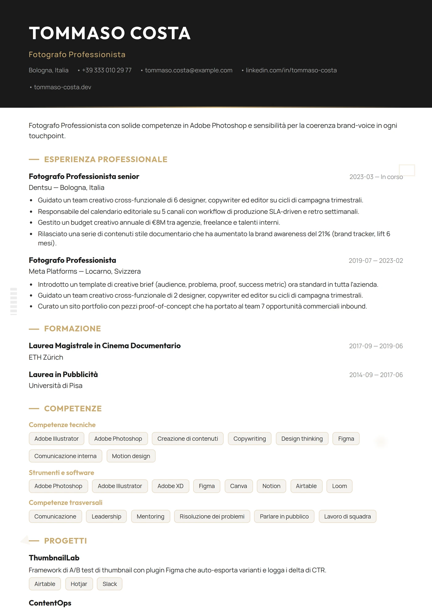 Mestiere — Fotografo — Modelli di CV