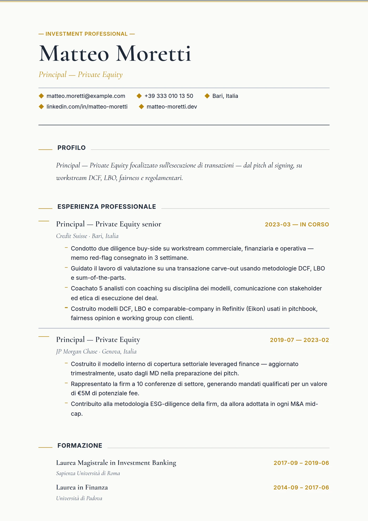 Private Equity — Modelli di CV