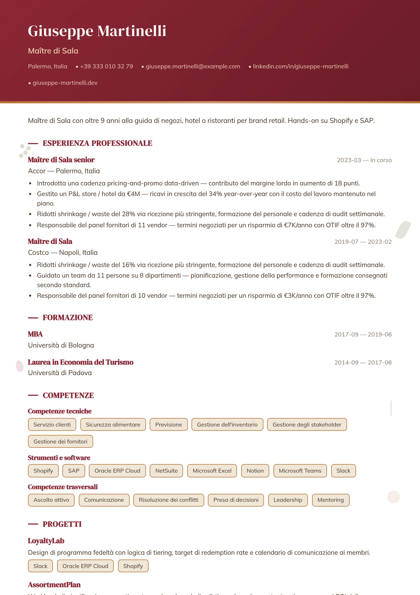 Mestiere — Ristorazione — Modelli di CV