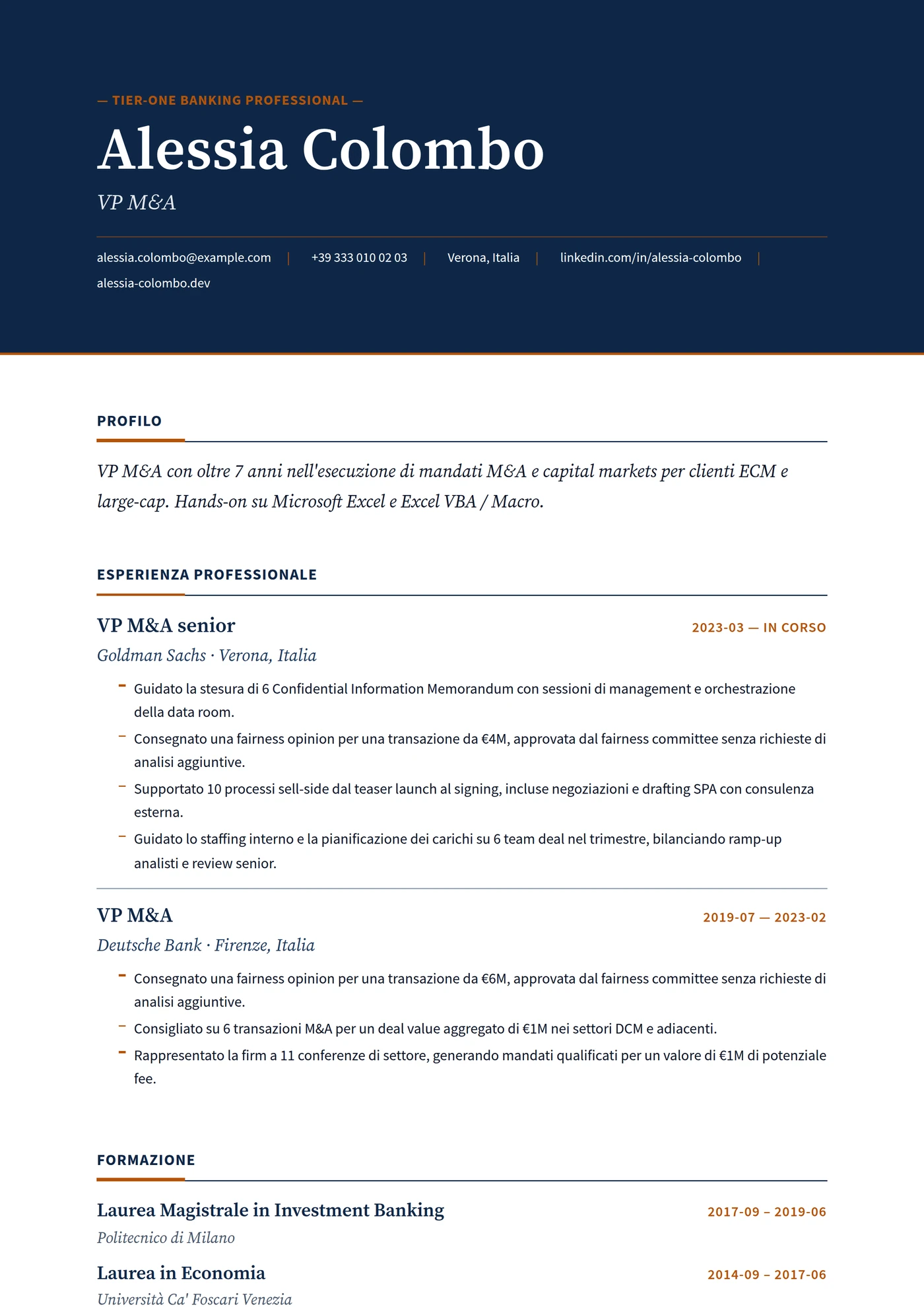 Banca Tier One — Modelli di CV