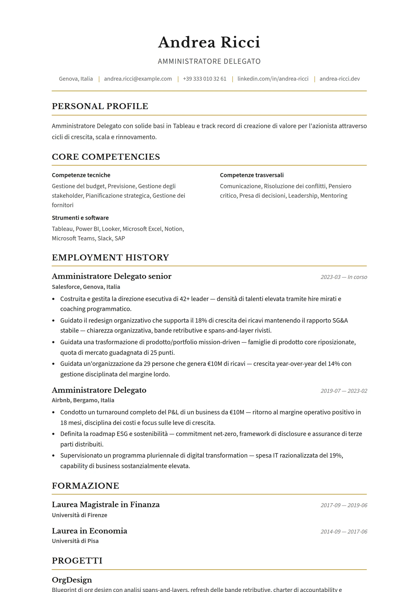 UK Executive — Modelli di CV