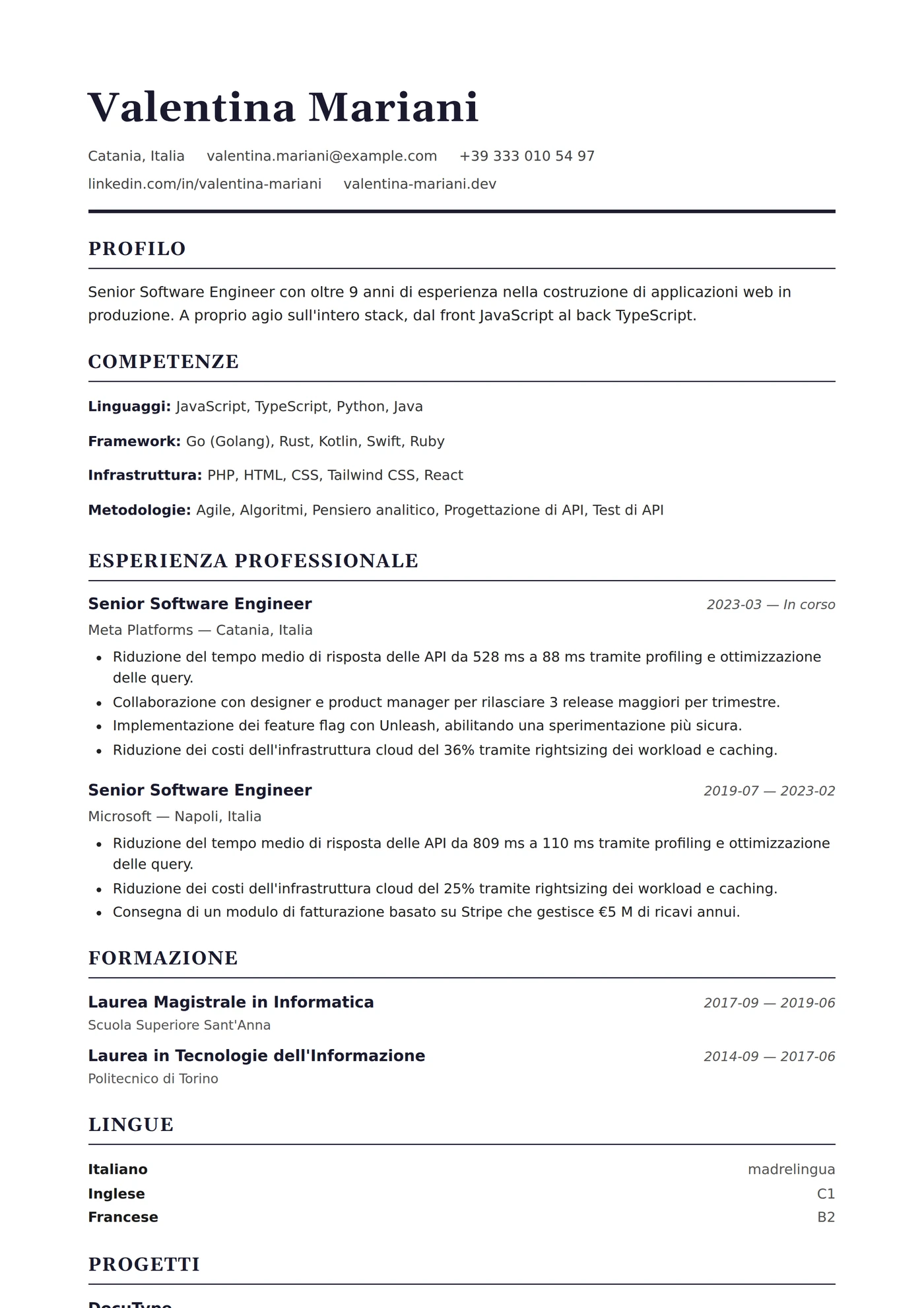 USA Standard — Modelli di CV