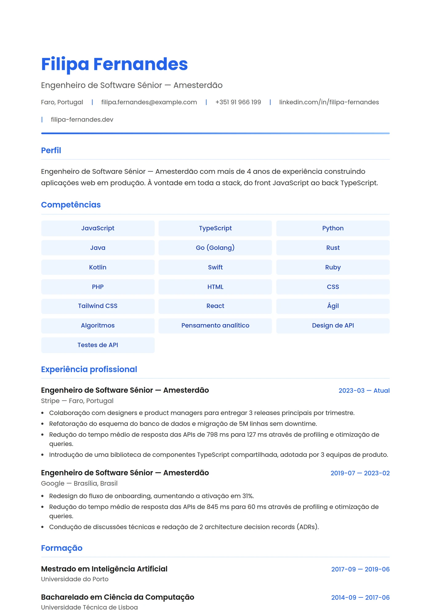 Países Baixos Moderno — Modelos de currículo