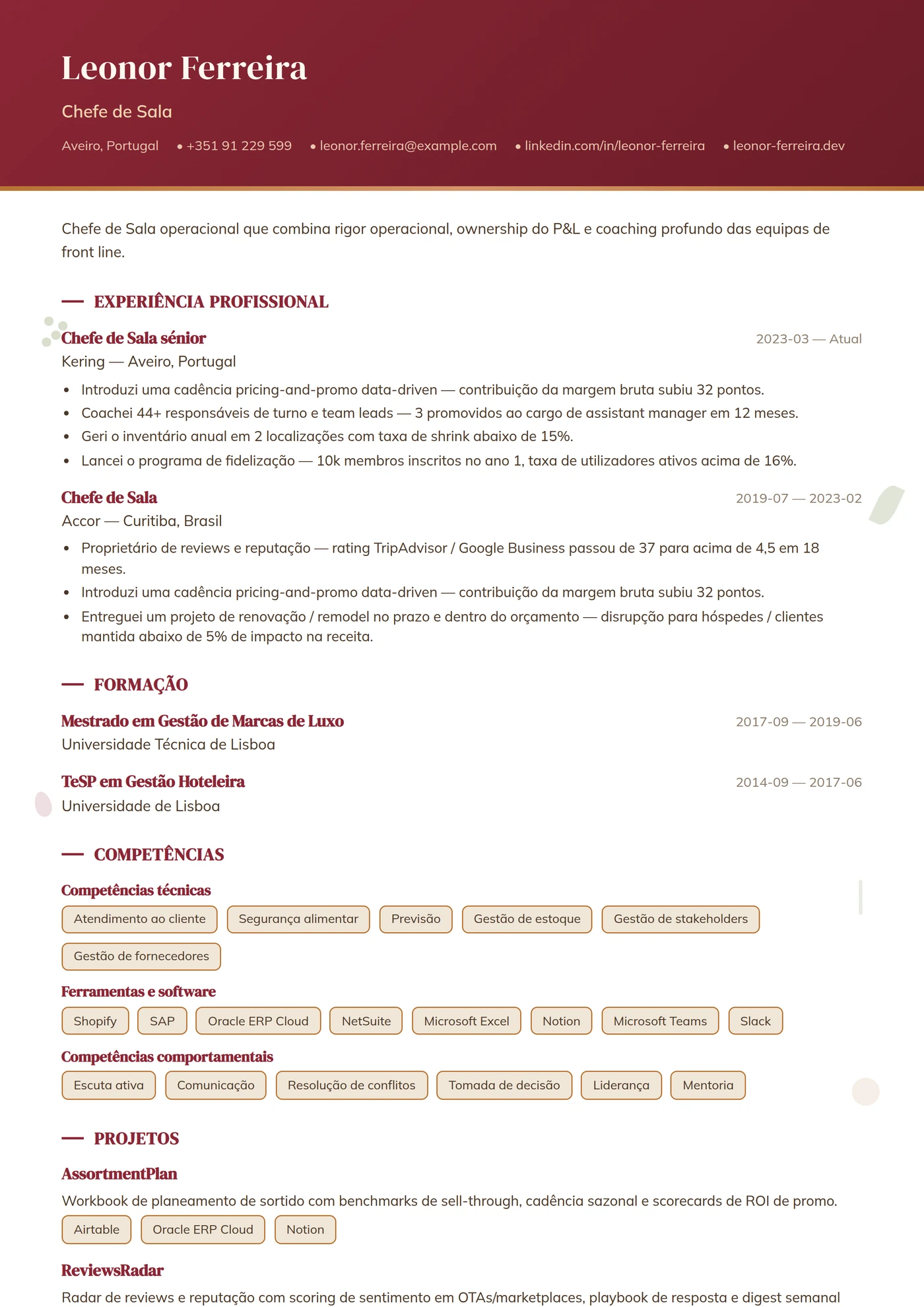 Profissão — Restauração — Modelos de currículo