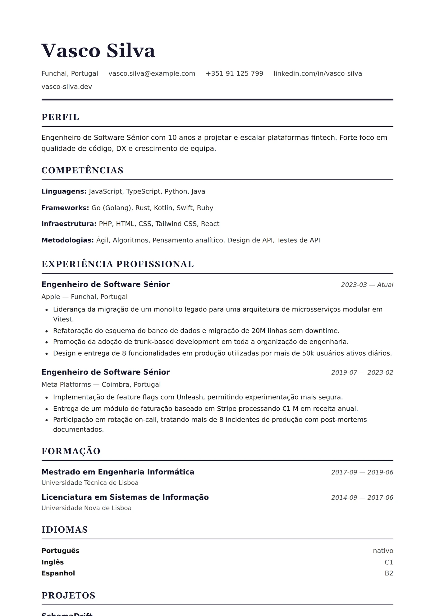 EUA Padrão — Modelos de currículo